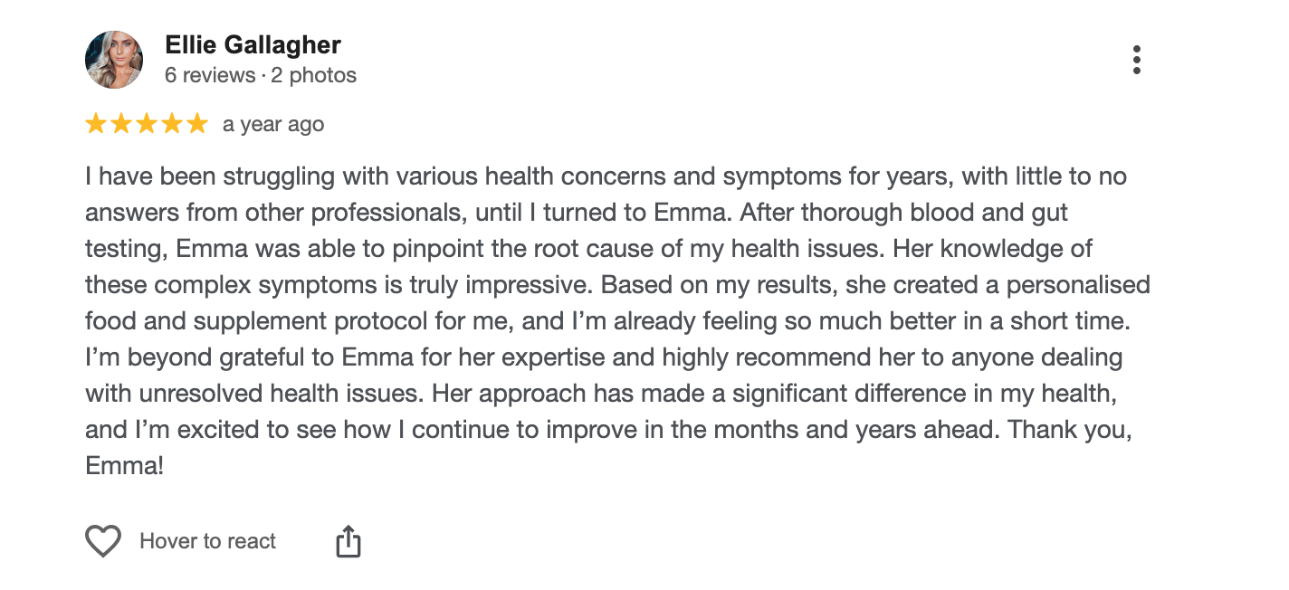 Screenshot of a Google review written by Ellie Gallagher praising Emma for her health testing services.