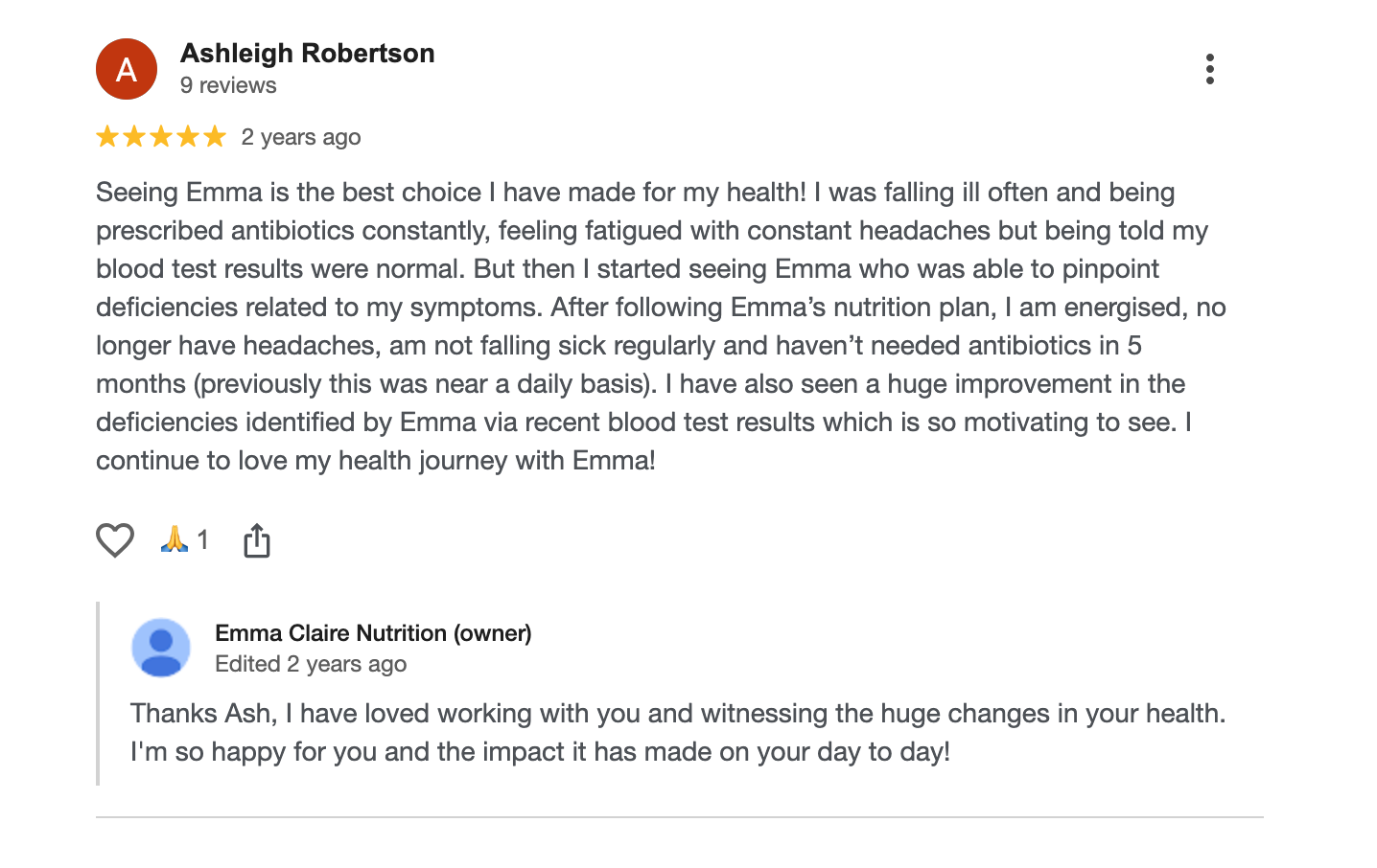 Customer review and reply about health improvements with Emma Nutrition program.