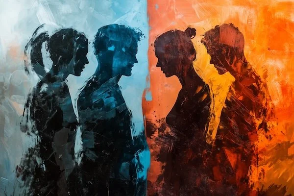 A split image depicting conflict and disconnection. 2 people on each side facing each other