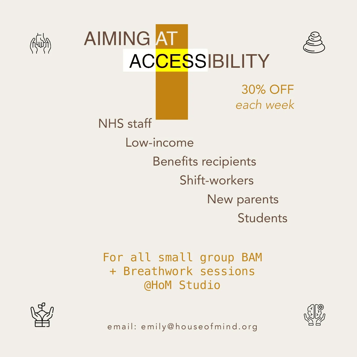 🧡 Accessibility to wellness is a huge challenge. I have big ideas, but realistically at the moment, only a certain amount of power to make them happen. That said - why not start small!? 🌱

We're offering 30% discount to all folks mentioned above, f