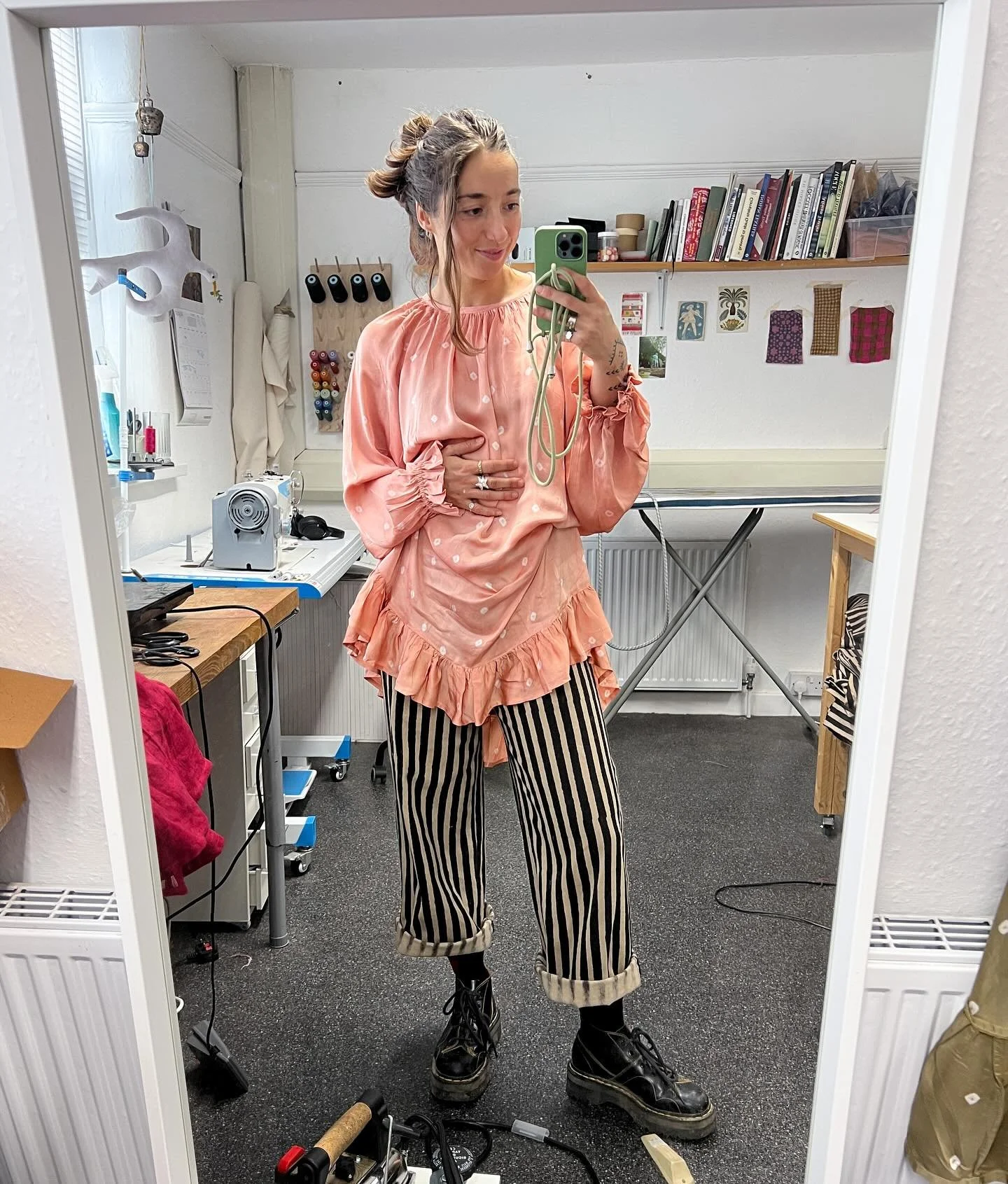 Feeling like a like renaissance pirate in this outfit 🏴&zwj;☠️ I adore mixing texture with pattern and the solid black stripes on structured cotton drill next to the whimsy of blush pink silk is giving me all I need today 🖤💕 on sale now until 8pm 