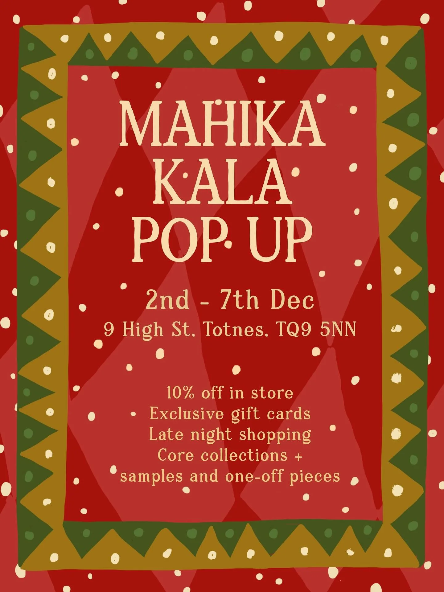 Public service announcement! 📣 the MAHIKA KALA Christmas pop up is coming to Totnes! 

🎄 We&rsquo;re so excited to bring a week of colour, craft and festive magic to 9 Hight Street, Totnes next week from the 2nd to 7th December hosted by @host.stud