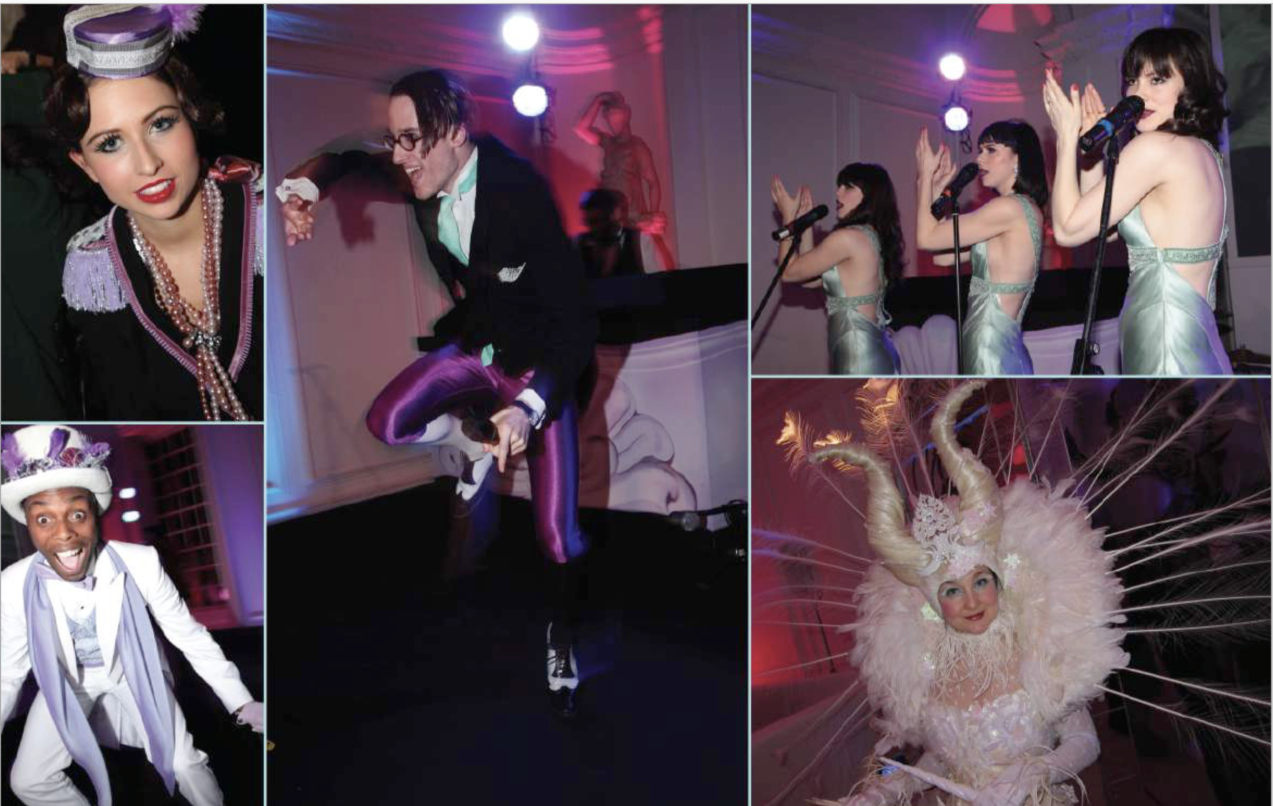 Entertainment & costuming for 40th birthday party at The Orangery, Kensington Palace. Performances from MC Nathaniel, The Langley Sisters, The Correspondents, Bolli Darling characters and a big swing band. 
