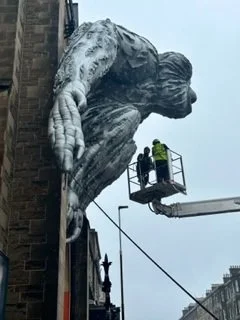 Installation of Skywalker Gibbon by Australian artist Lisa Roet, at House of Oz, King's Hall, Edinburgh in 2023. A triumph of Blu Fire collaboration, persistence and ingenuity, in the face of multiple planning challenges!