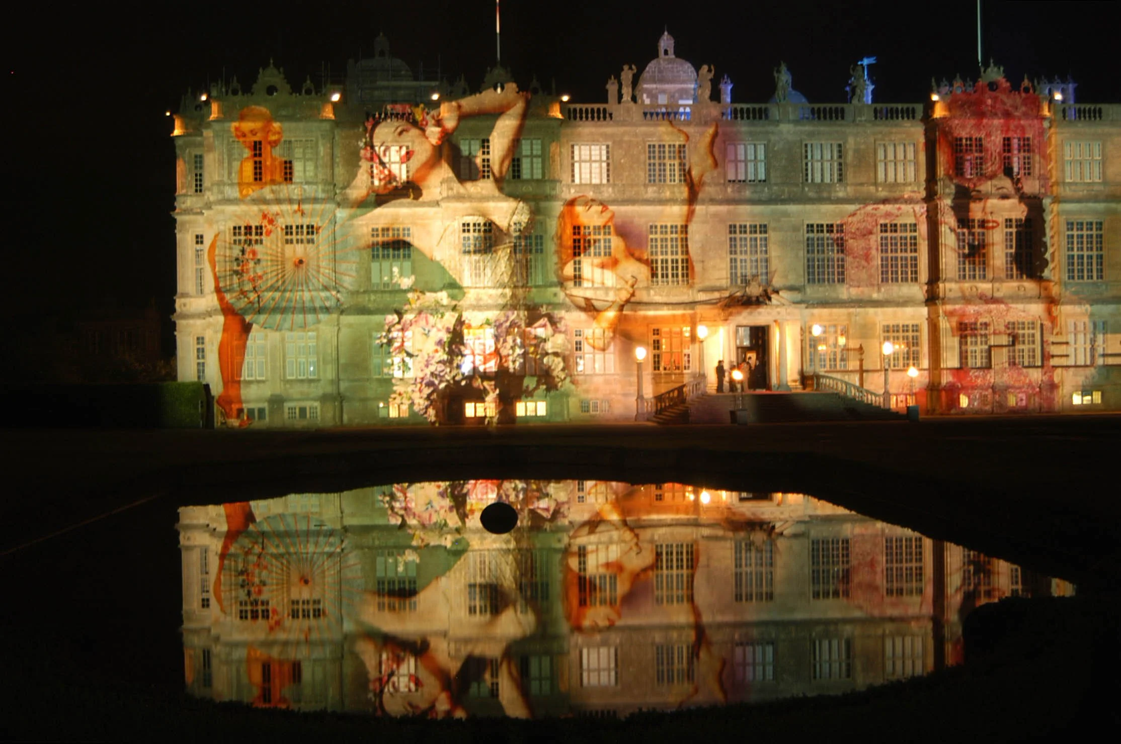 Mapping onto Longleat House for Viscount Weymouth's infamous Burleski-themed 30th birthday party, starring Dita von Teese, produced by Danielle Nay. 
Generated a 7 page feature spread in Bazaar. Photos: Robin Stanley