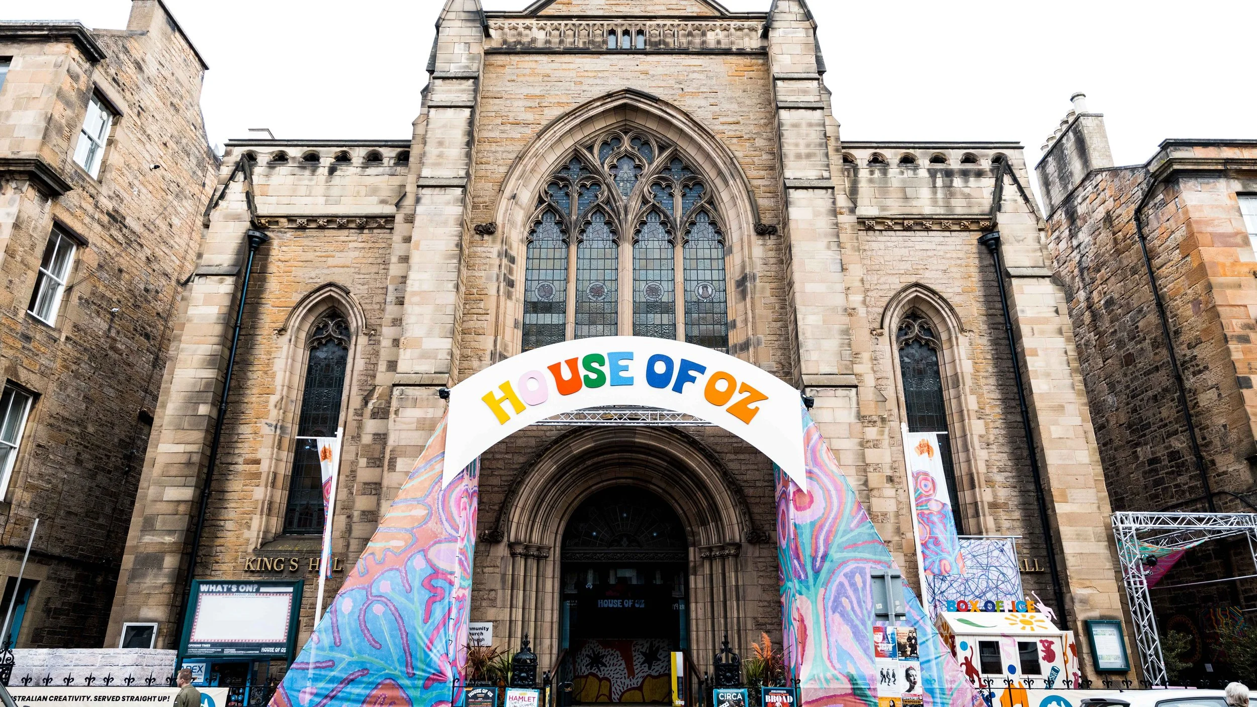 King's Hall - a working church in Edinburgh - was transformed by Blu Fire into House of Oz in 2022 (its debut year), with a facade installation of artwork derived from the works of the late First Nations artist Jimmy Pike