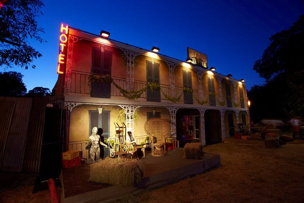 An outdoor encampment and the wonders beyond a hand painted trompe l'oeil marquee facade transported guests to 1950s New Orleans for Bob Geldof's 60th / Pixie Geldof's  21st birthdays. Further info upon request.