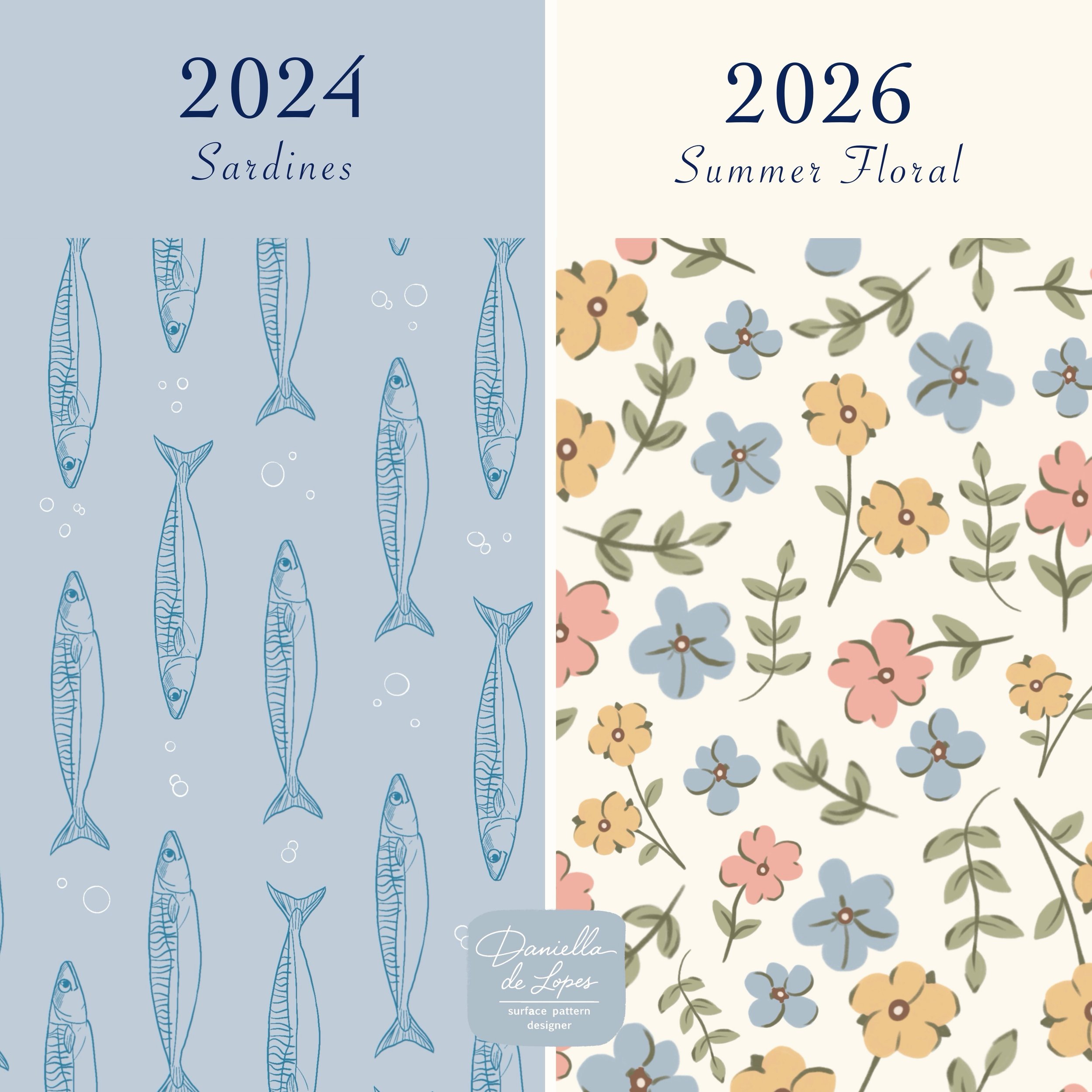 Last Prompt! 29&ndash;30: first vs recent art✨

2024 &rarr; Sardines 🐟
2026 &rarr; Summer Floral 🌸

One of these was my very first repeat pattern.

The other is one of my newest.

It&rsquo;s amazing what can happen when you keep showing up, keep pr