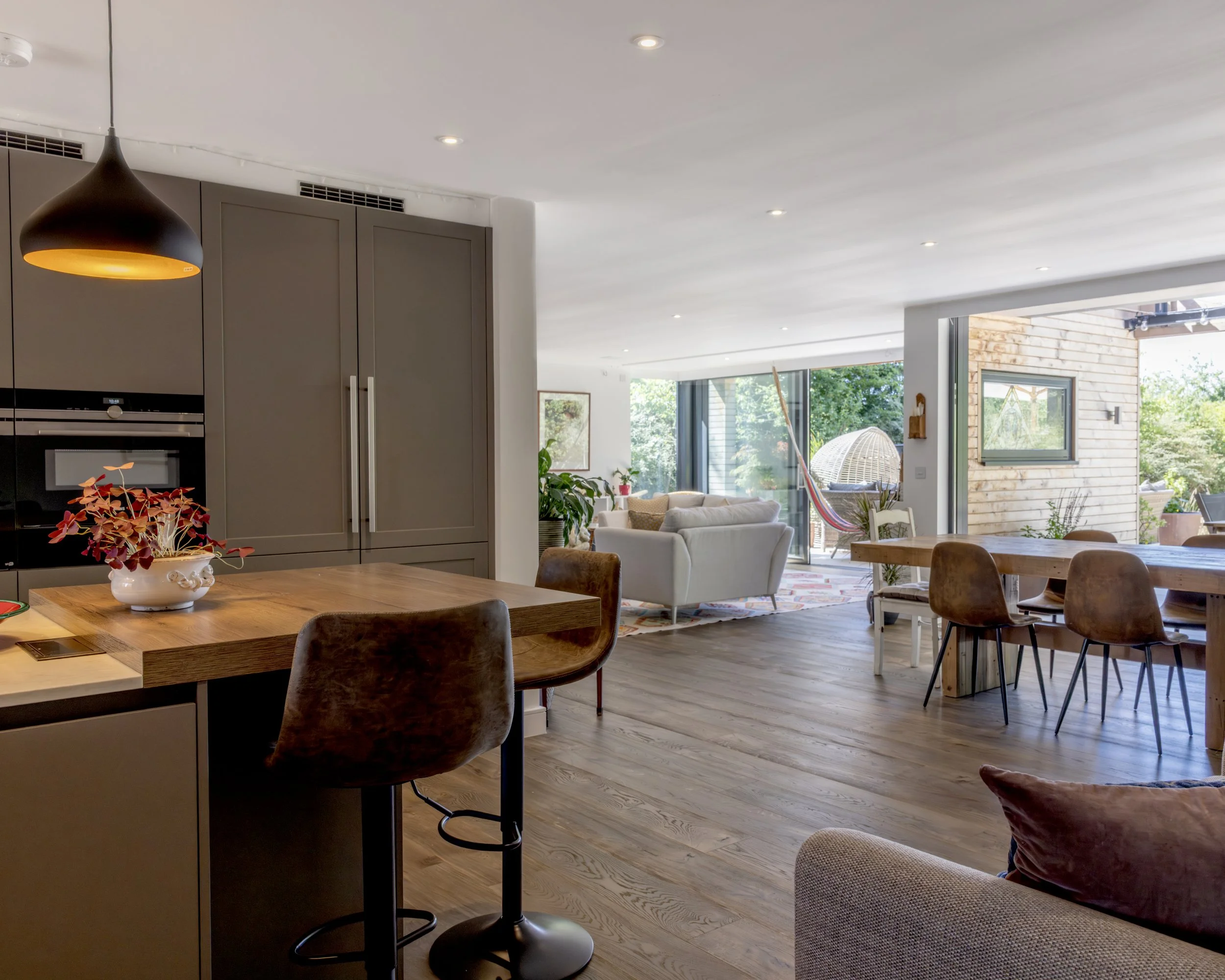 Interior Design Open Plan Living Dining Area With Snug, Bifold Windows Onlooking Garden , Oxfordshire Architects , Timber Shingle Cladding , Bespoke Kitchen