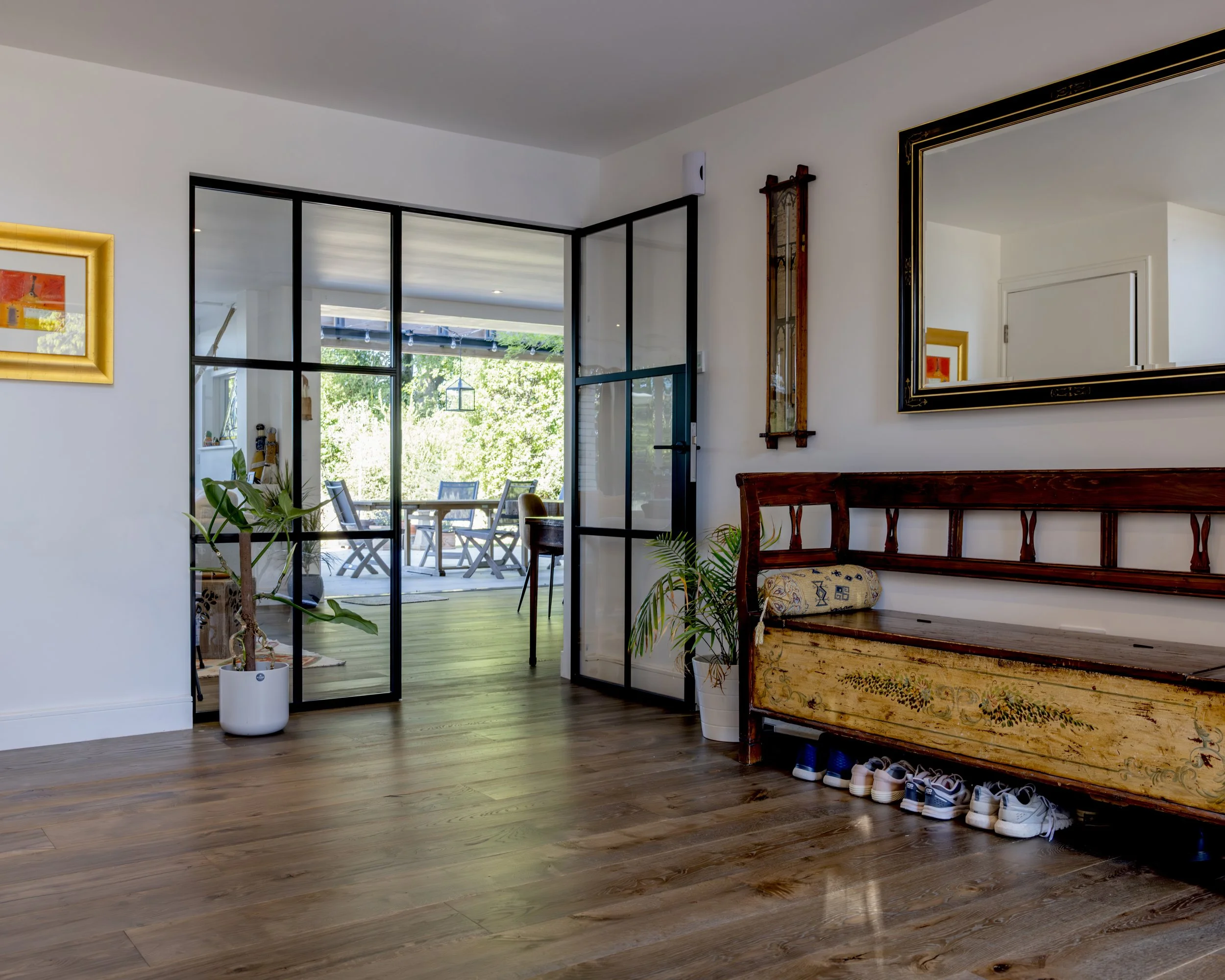 Entrance Way For Modern New Build Home , Oxfordshire Architects, Shoe Nook Boot Room Architecture Interior Design Inspiration , Crittall Style Internal Doors