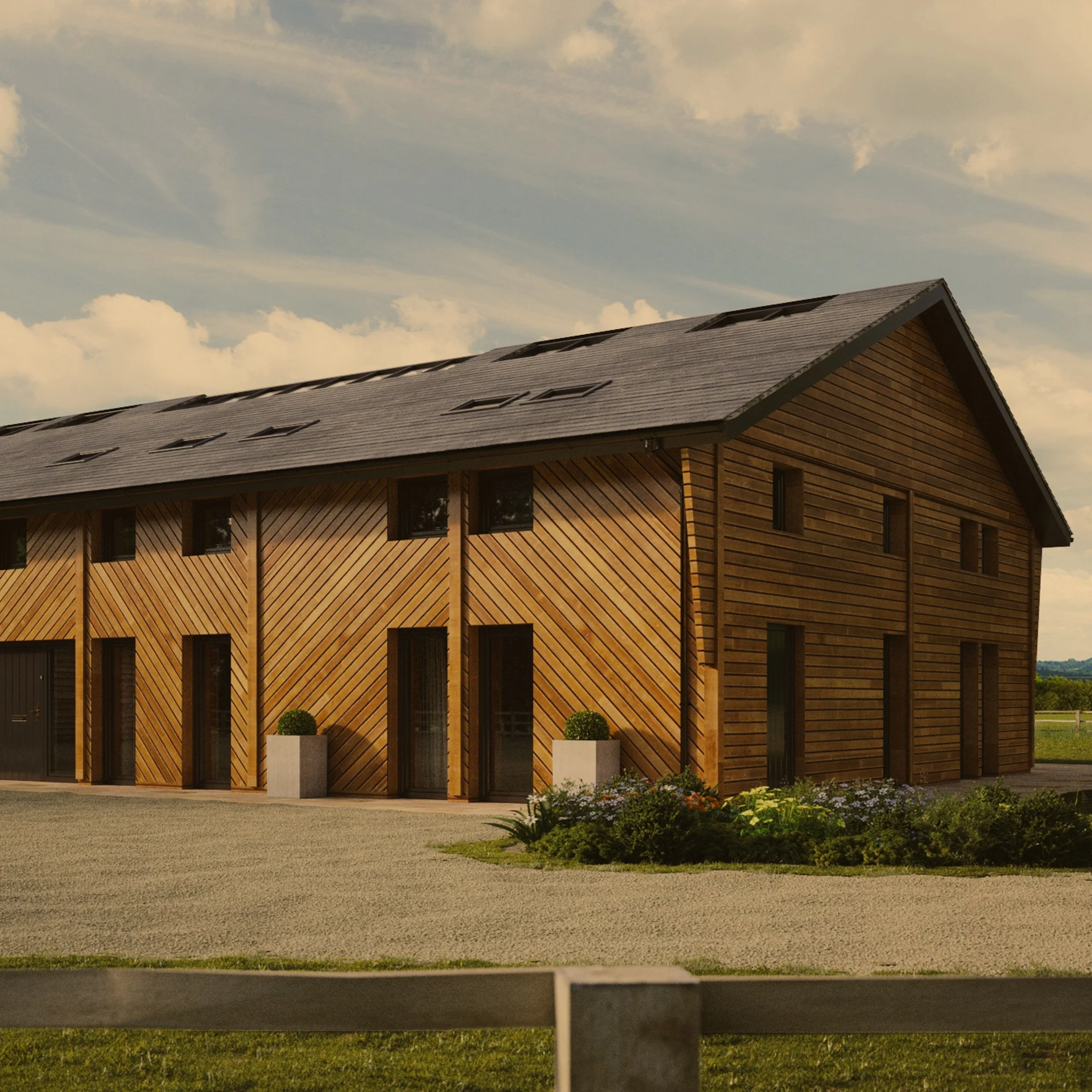 New Barn Conversion Visual 3D Render to showcase the designed building as seen from the from the primary entrance elevation.
