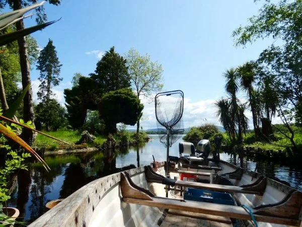 Lake boat with fish finder and motor for pike fishing