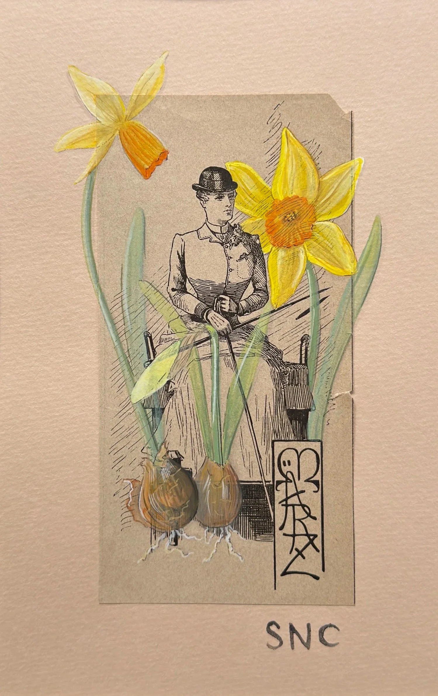 Miss March (Daffodil), watercolor and gouache on antique German ephemera - contact for availability