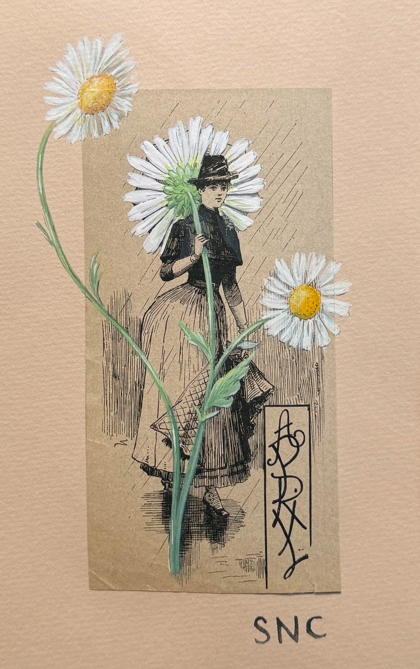 Miss April (Daisy), watercolor and gouache on antique German ephemera - contact for availability