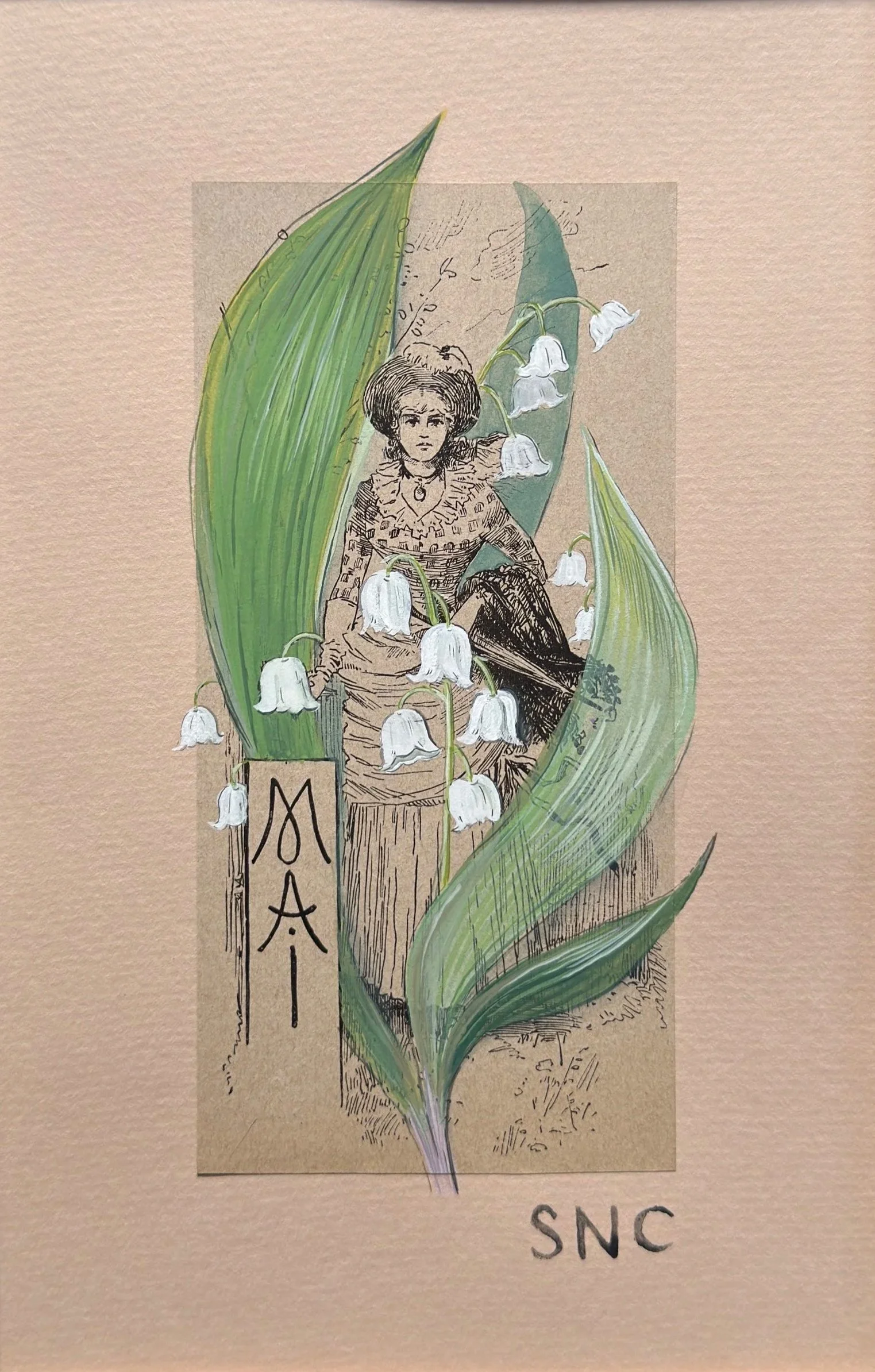 Miss May (Lily of the Valley), watercolor and gouache on antique German ephemera - contact for availability