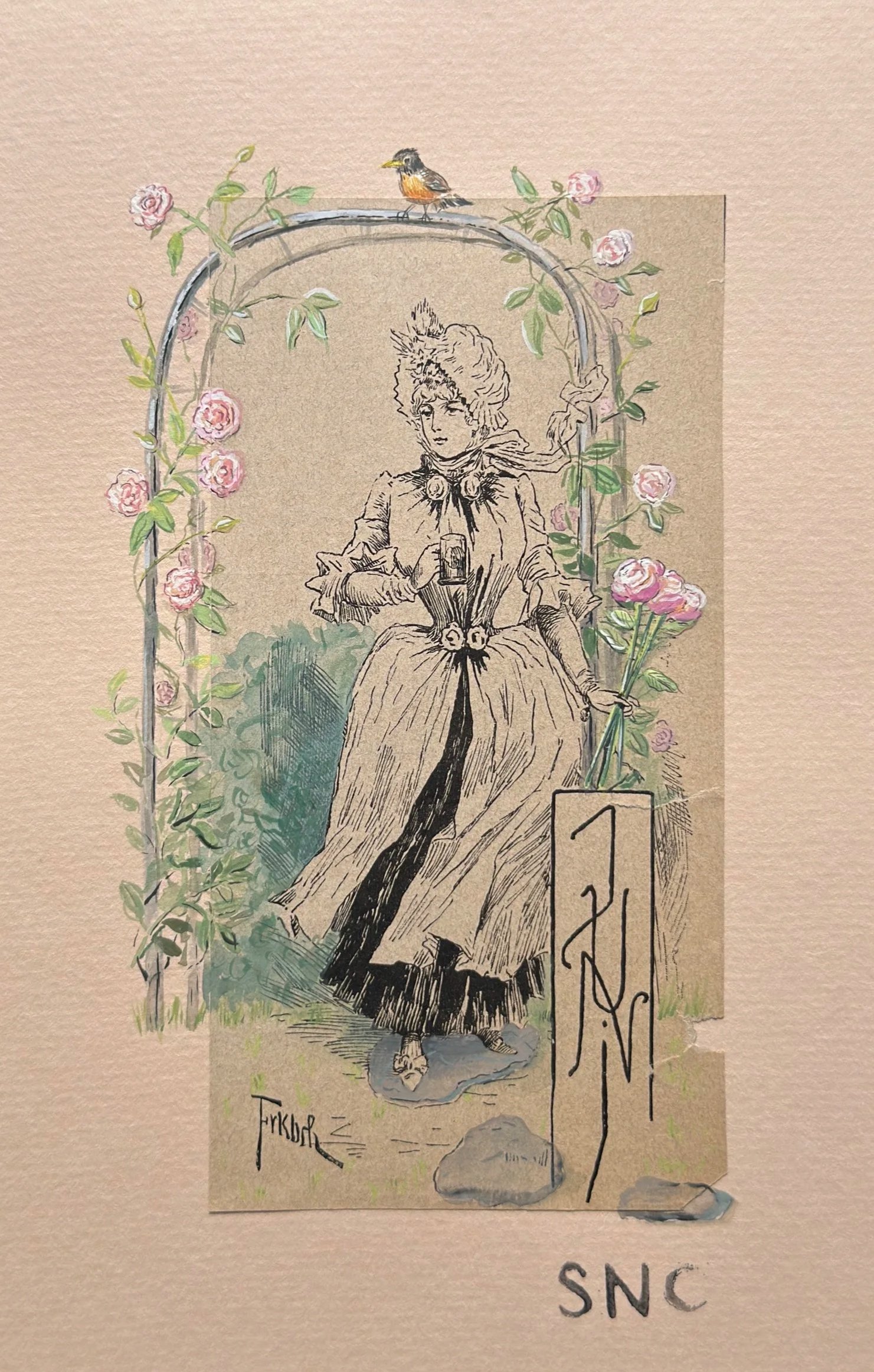 Miss June (Rose), watercolor and gouache on antique German ephemera - contact for availability