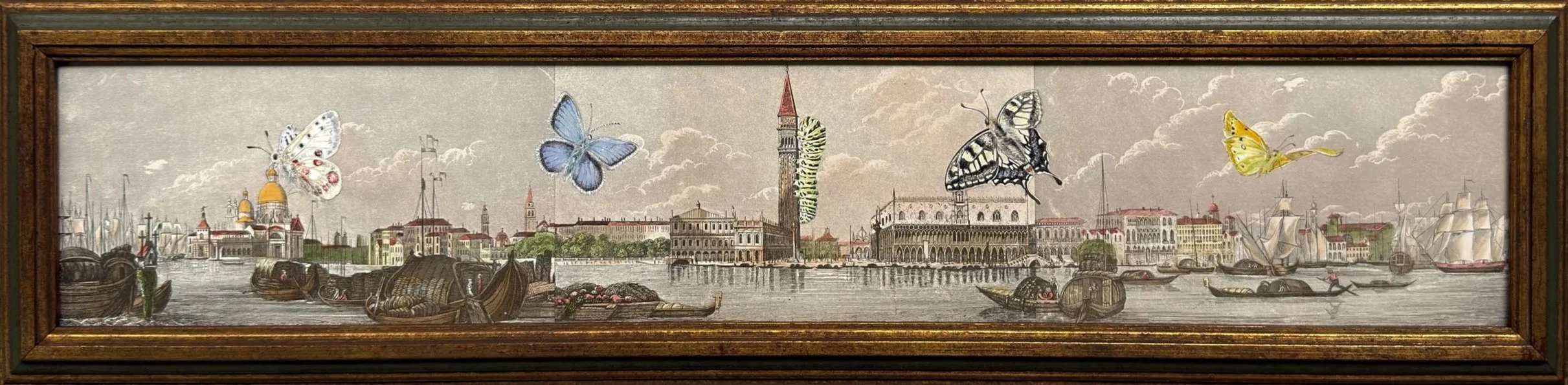Butterflies Over Venice, watercolor and gouache painted over antique print in upcycled frame - contact for availability