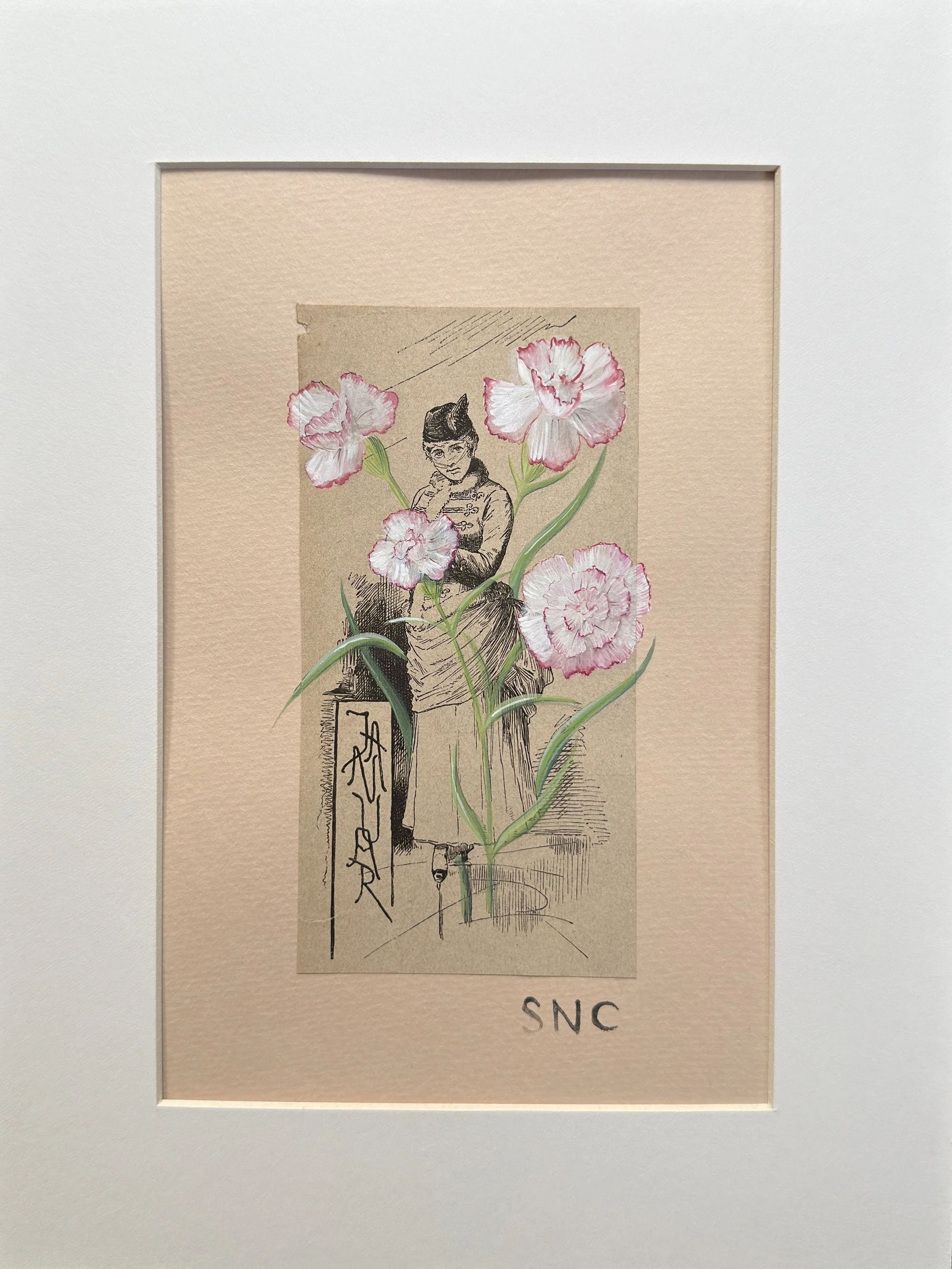 Miss January (Carnation). Watercolor, gouache, antique German ephemera. Matted and ready to frame. 9x12 inches.