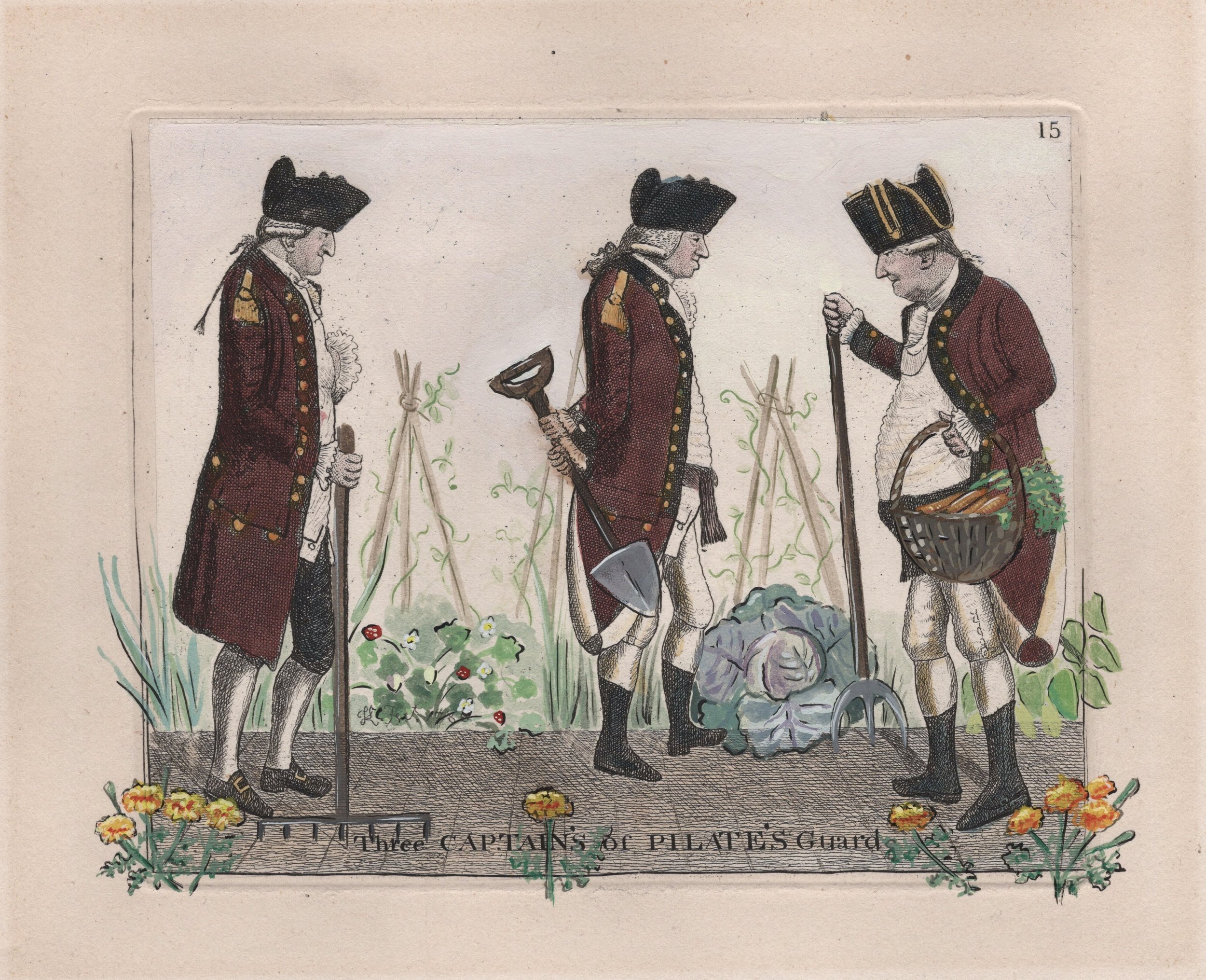 Antique Soldiers III (Harvesting), watercolor and gouache on antique print - contact for availability