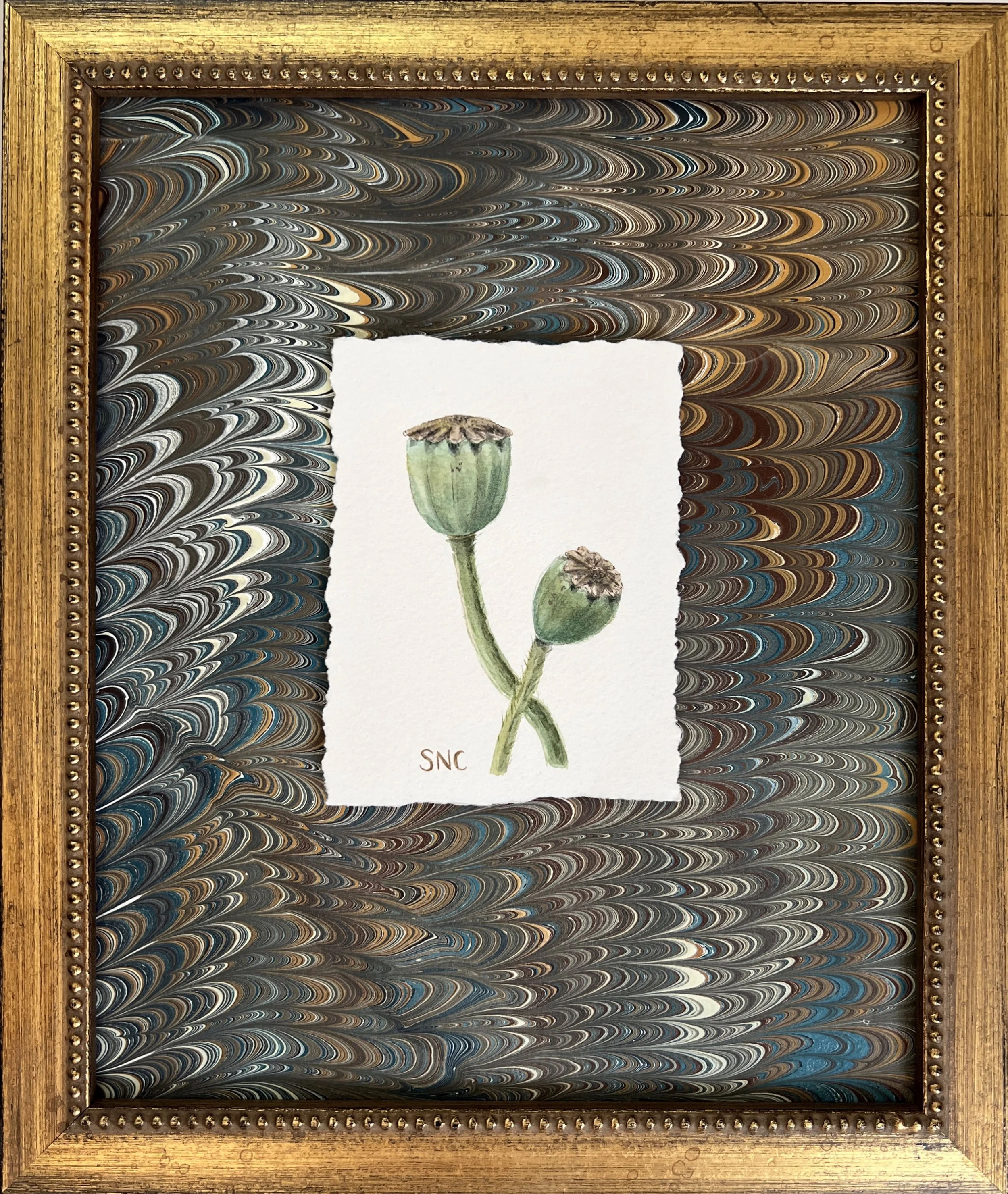 Seedhead Swirl. Watercolor and paper hand-marbled by the artist. Framed in an antique gold frame. 8x10 inches. 