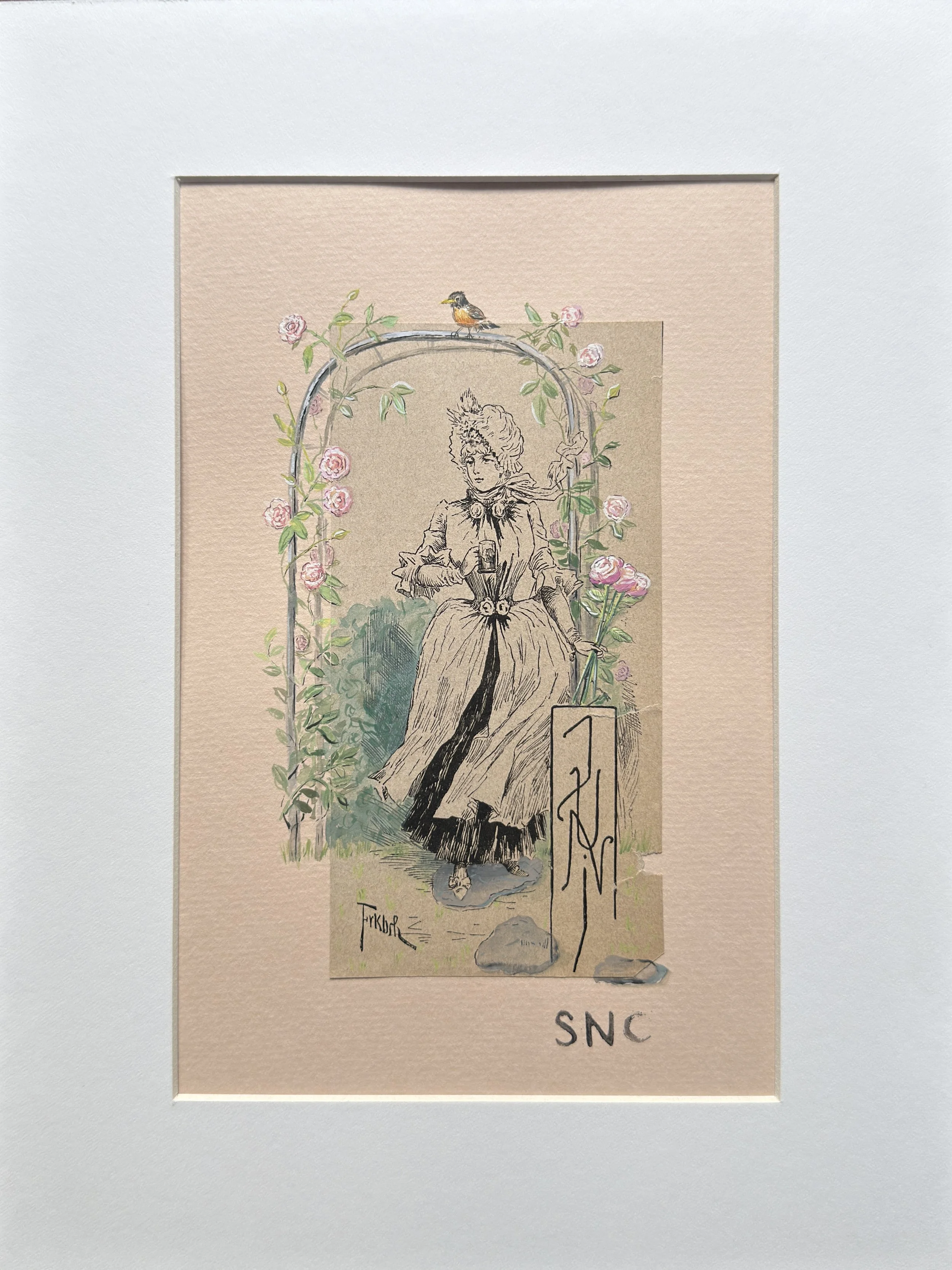 Miss June (Rose). Watercolor, gouache, antique German ephemera. Matted and ready to frame. 9x12 inches.