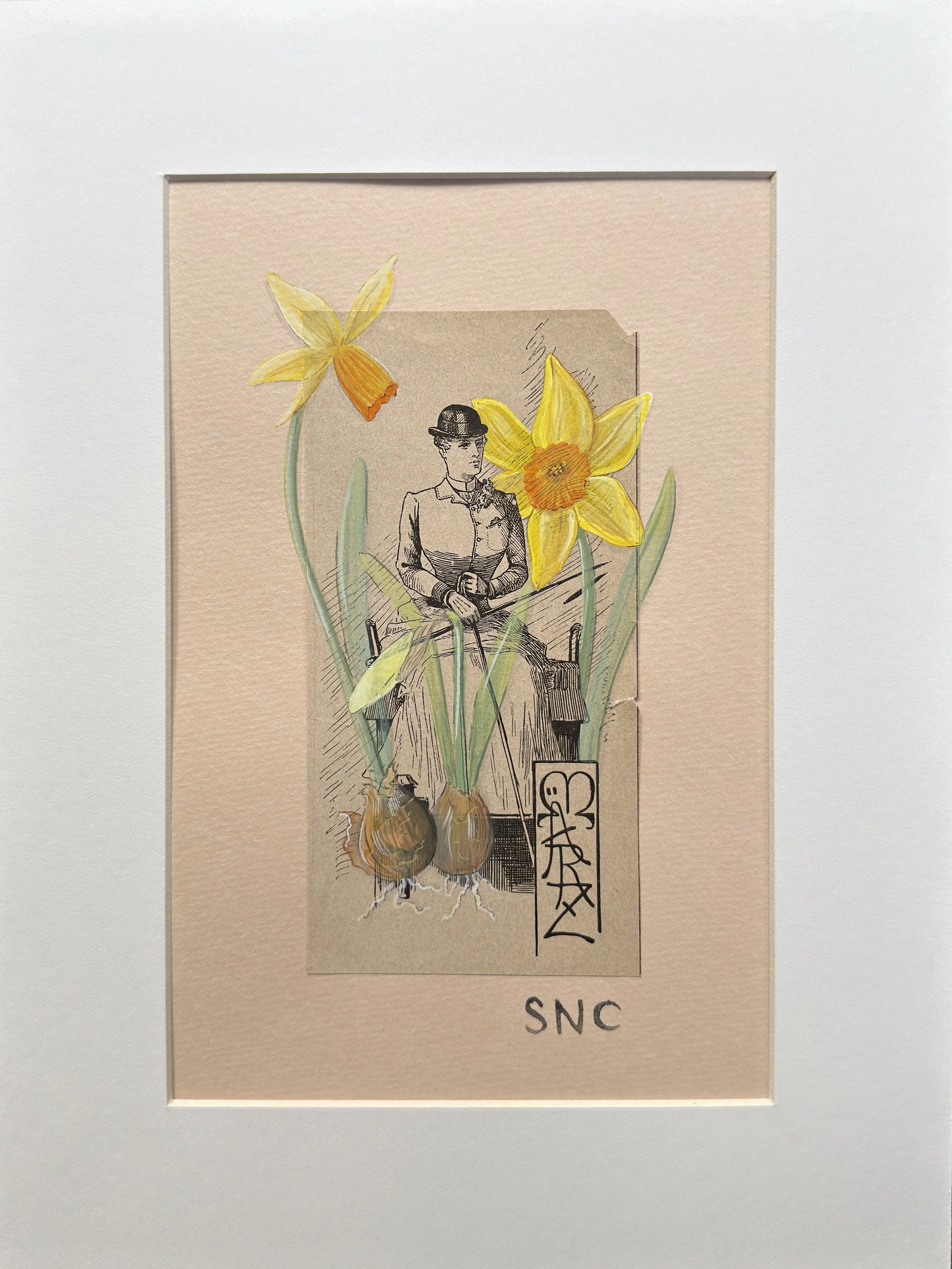 Miss March (Daffodil). Watercolor, gouache, antique German ephemera. Matted and ready to frame. 9x12 inches.