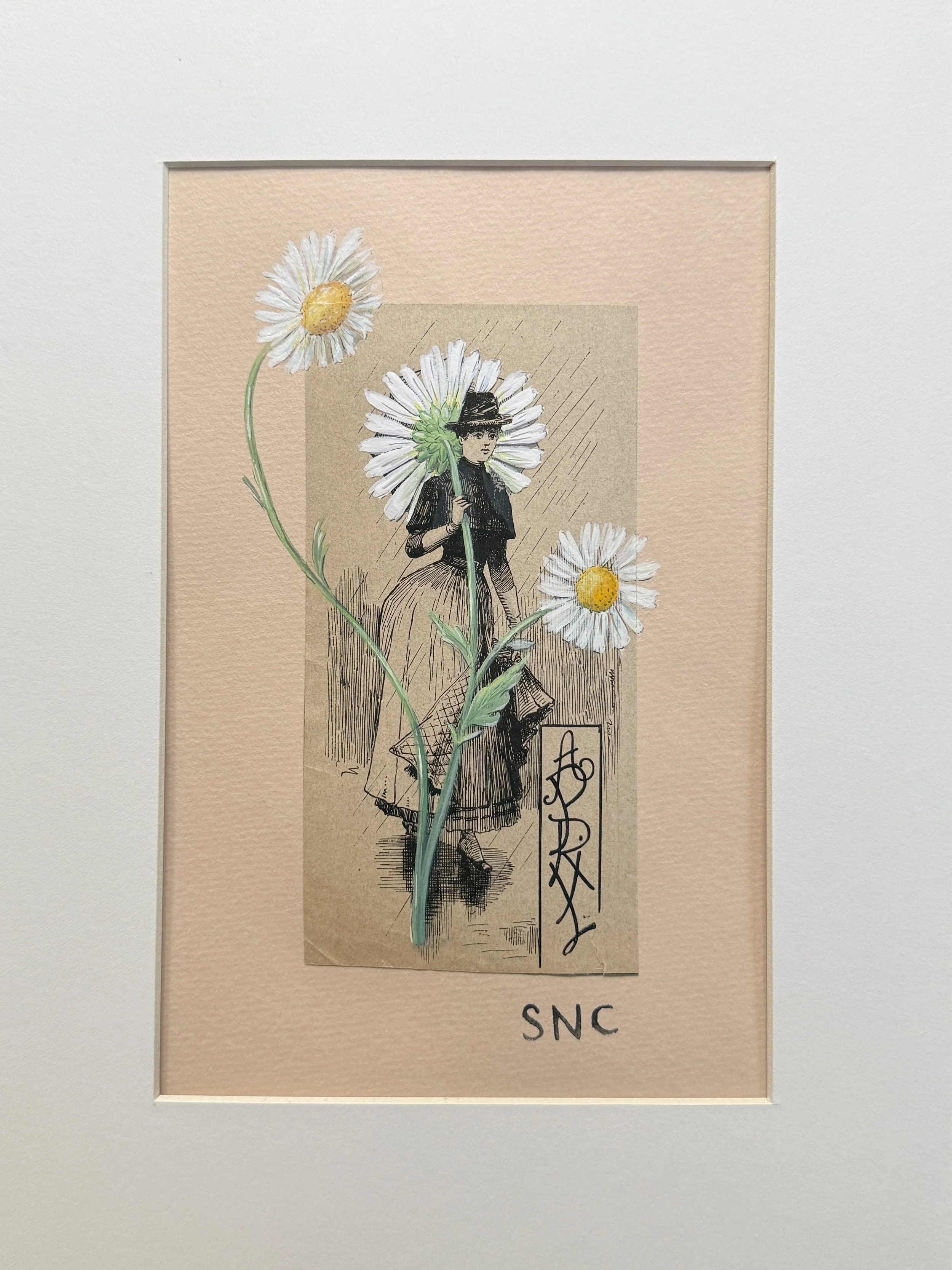 Miss April (Daisy). Watercolor, gouache, antique German ephemera. Matted and ready to frame. 9x12 inches.