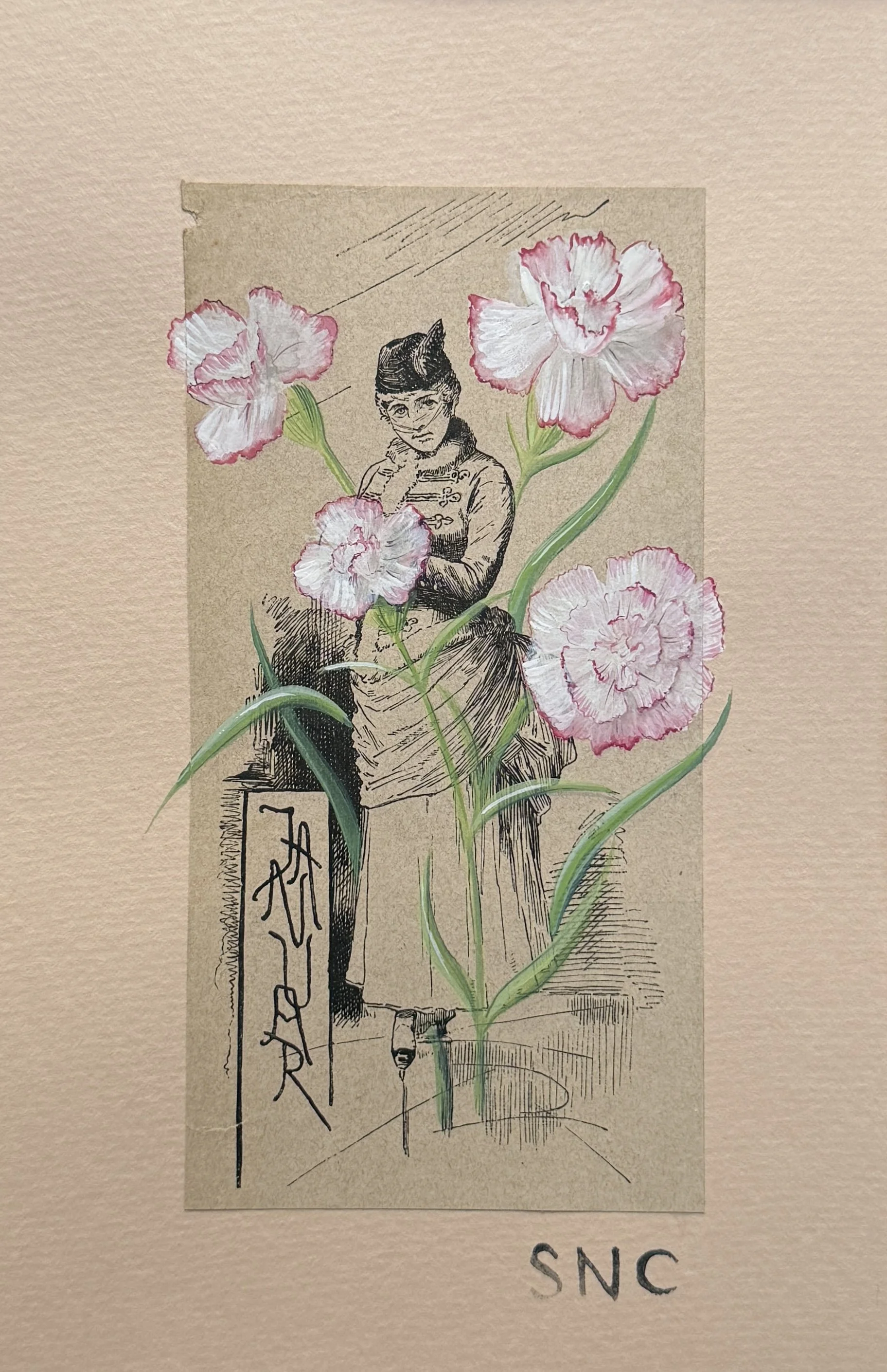 Miss January (Carnation), watercolor and gouache on antique German ephemera - contact for availability