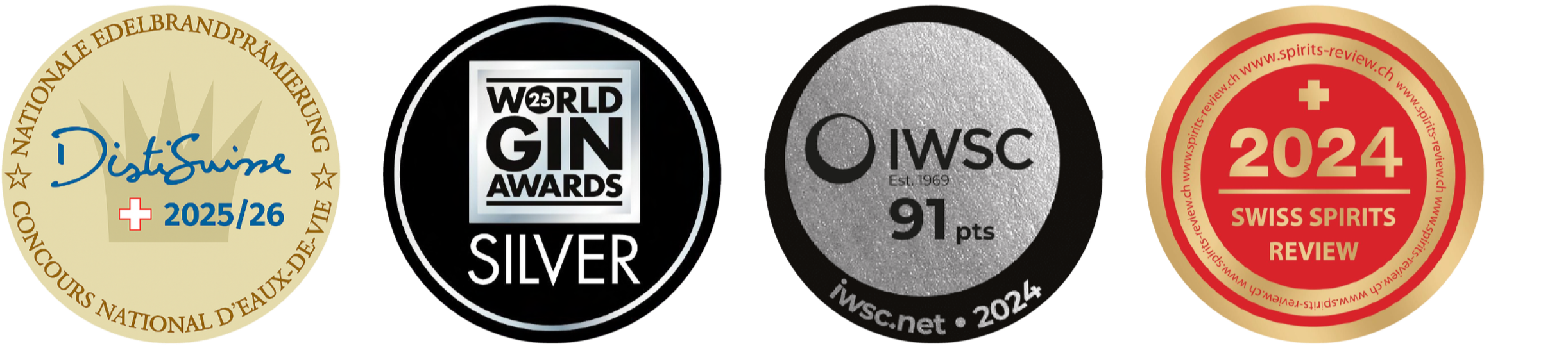 Award badges for VERBIER GIN including IWSC, World Gin Awards, and Swiss spirits competitions, recognising this premium Swiss gin distilled in Valais, Switzerland.