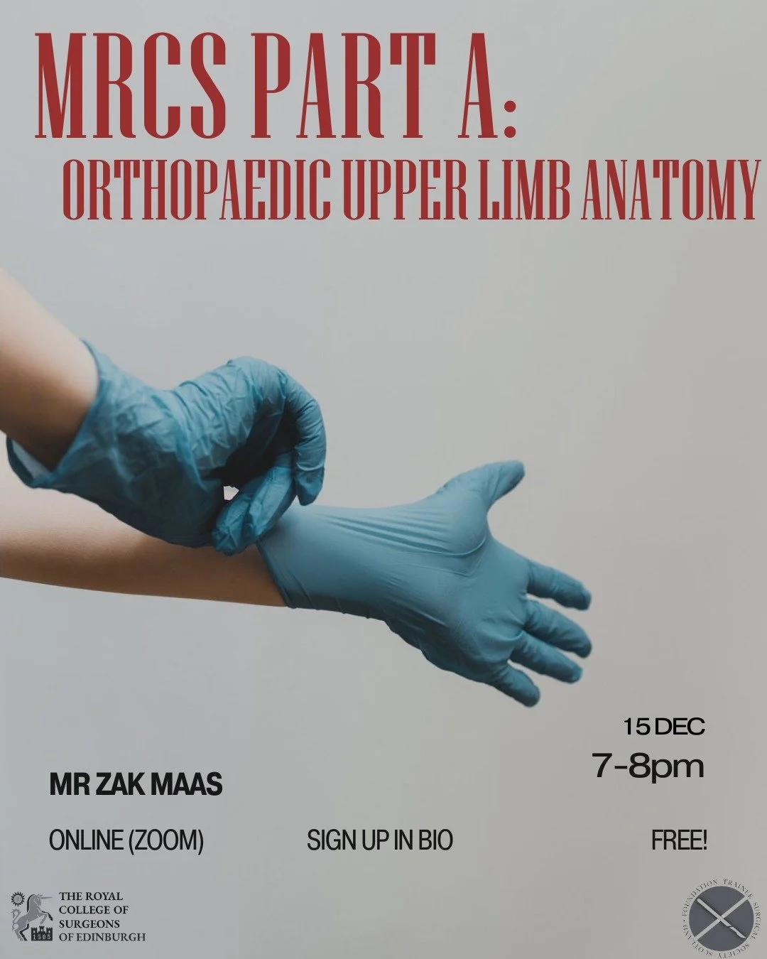 MRCS Part A: Upper Limb Anatomy
We&rsquo;re excited to have Mr Zak Maas (ST2 in Trauma &amp; Orthopaedics, West of Scotland) leading our next session!
If upper limb anatomy is stressing you out, this is your chance to get clear explanations and ask a