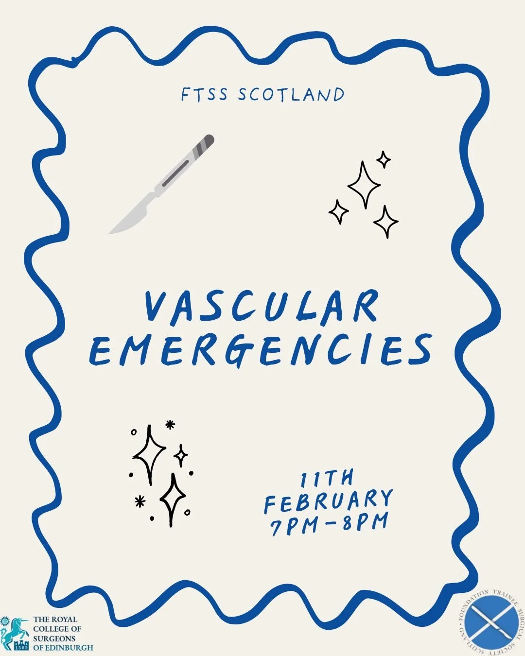 Join us next week for a focused session with Sophie Avril (CT2 General Surgery, NHS Ayrshire &amp; Arran) covering key vascular emergencies and their management!

📆 11th February 
Zoom 
Link in bio

#rcsed #ftss #ftssscotland #surgery