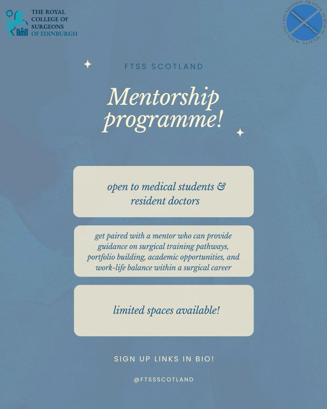 Looking to take the next step in your surgical career?

The FTSS Scotland Mentorship Programme is your opportunity to gain personalised guidance, build confidence, and navigate the pathway into surgery with support from experienced mentors who&rsquo;
