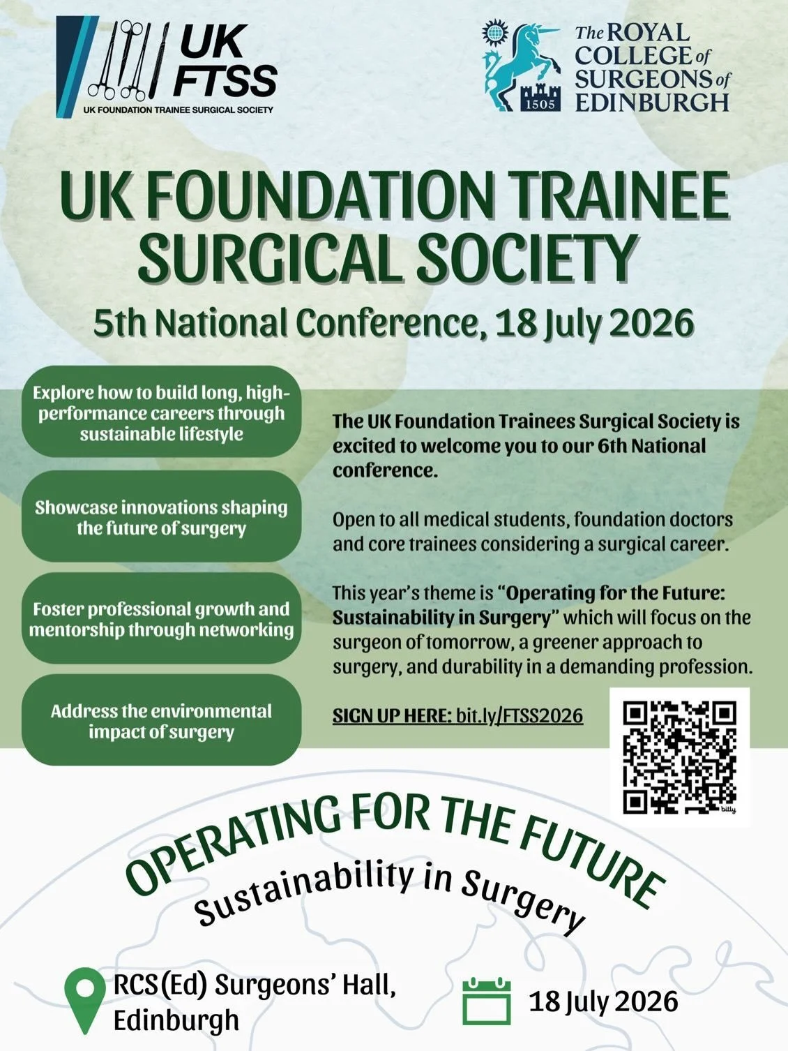 Don&rsquo;t miss our conference coming up in July! Our theme this year is sustainability in surgery 🌲🌳

Open to all medial students, foundation doctors &amp; core trainees! 

We are also looking for abstracts which you can submit via the QR code on