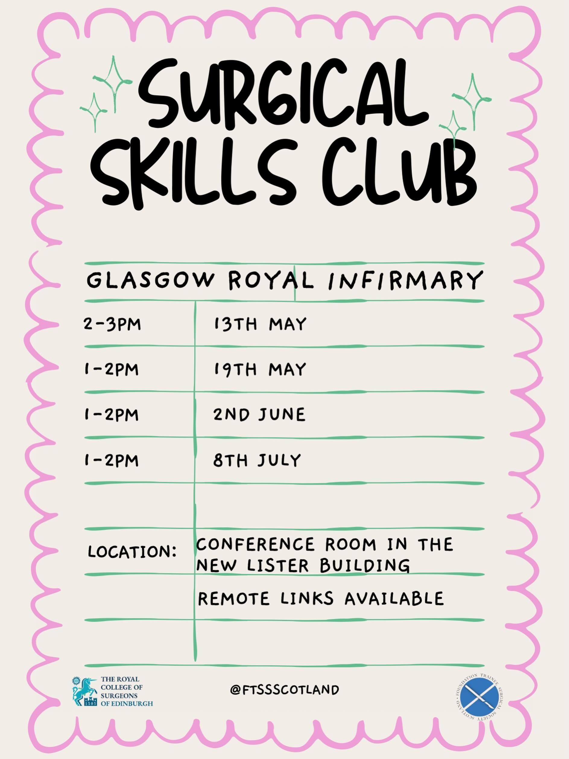 Surgical skills sessions ✨

We&rsquo;re running in person sessions at the GRI to enhance your practical skills &amp; confidence!

📍Conference Room, New Lister Building, Glasgow Royal Infirmary 
We will also post a zoom link on our story/bio for you 