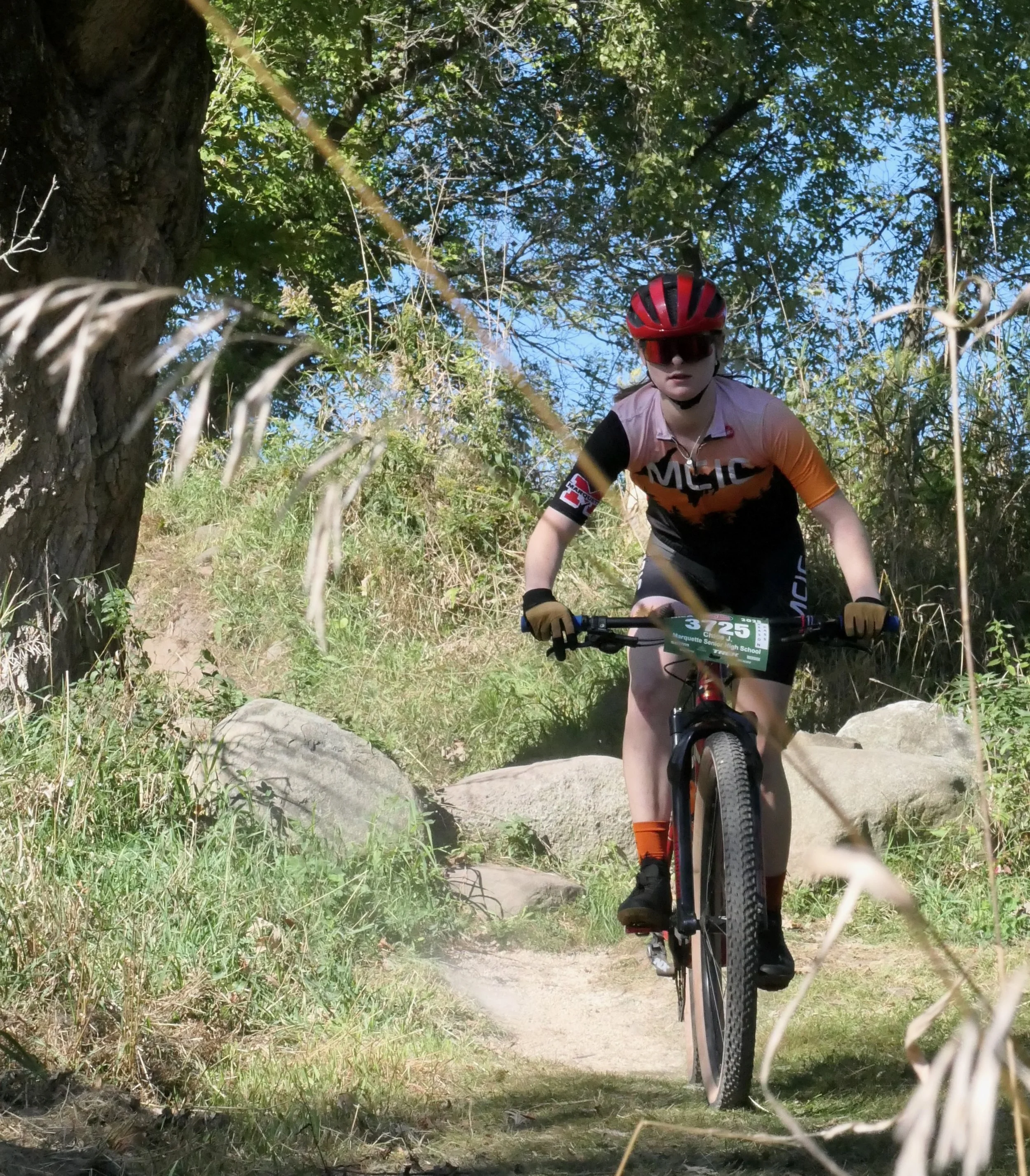 A person riding a mountain bike on a dirt trail surrounded by trees and rocks during daytime.
