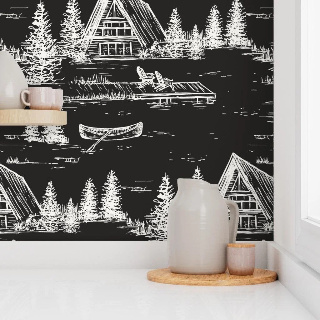 black-a-frame-cabin-lake-toile-wallpaper-kitchen-shelf.jpg