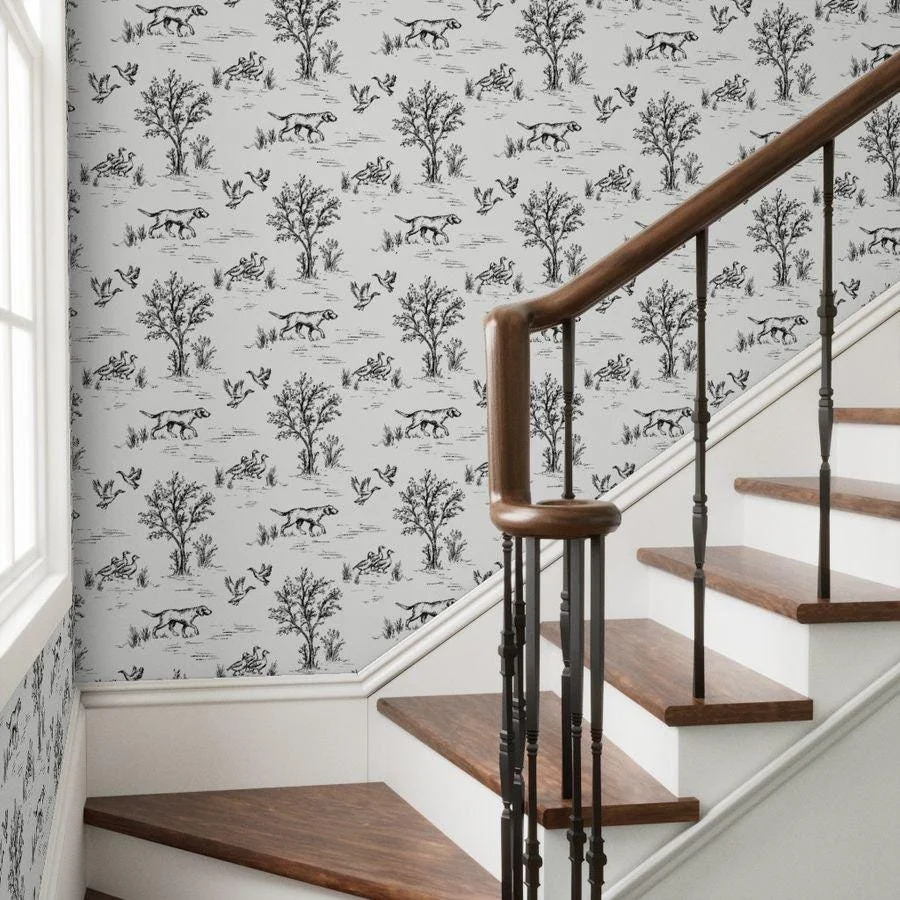 black-white-hunting-dog-duck-toile-wallpaper-staircase.jpg