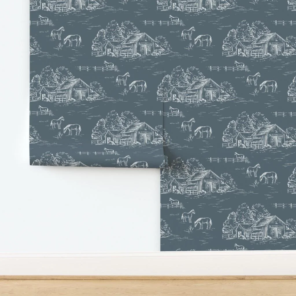 slate-blue-horse-barn-farm-toile-wallpaper-panel-install.jpg