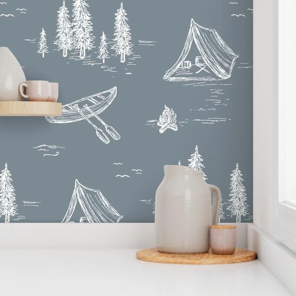 slate-blue-camping-canoe-toile-wallpaper-kitchen-shelf.jpg