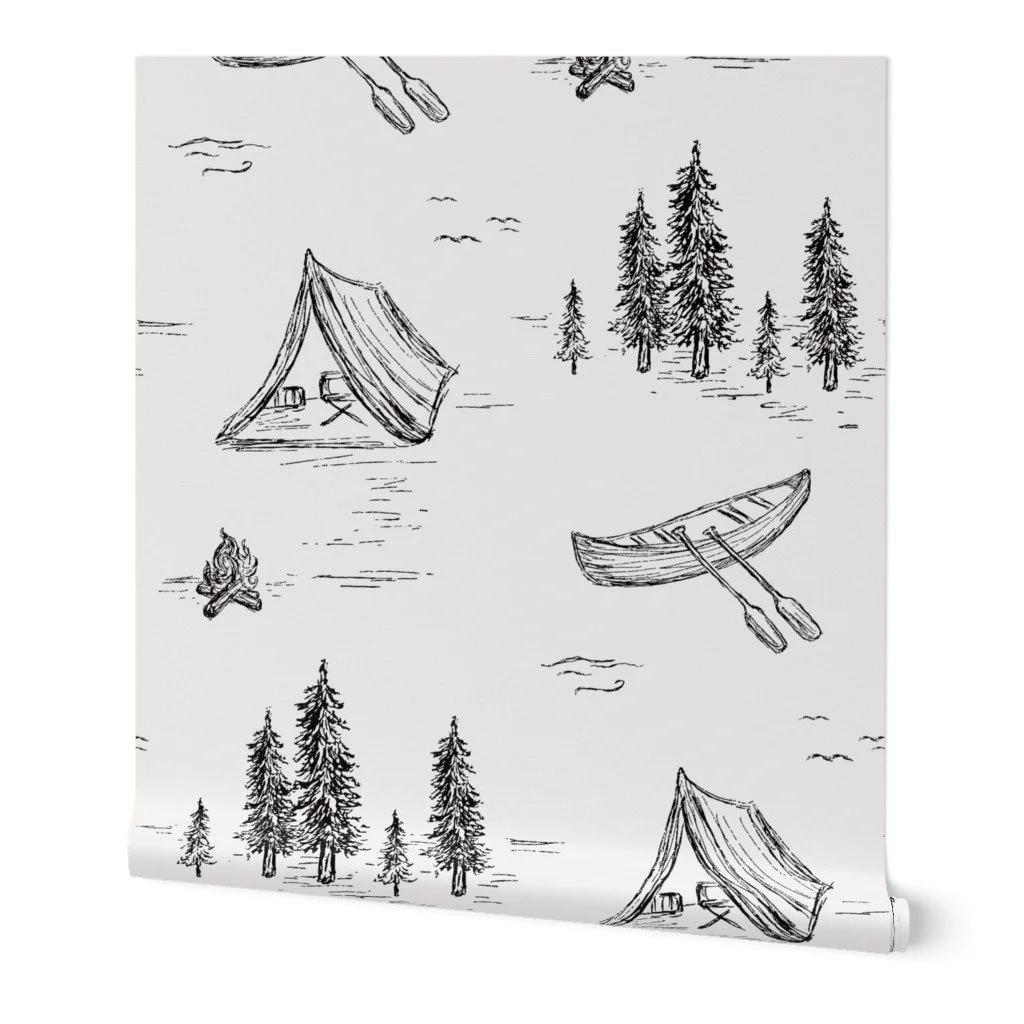 Camping Themed Wallpaper in Black & White