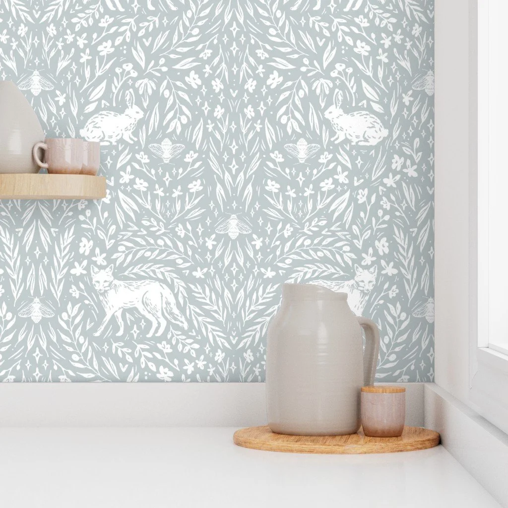 Woodland Animal Wallpaper for Baby and Kids  This adorable woodland themed wallpaper features hand-drawn animals & florals, including a fox, rabbit, & a bee, among other cute animals