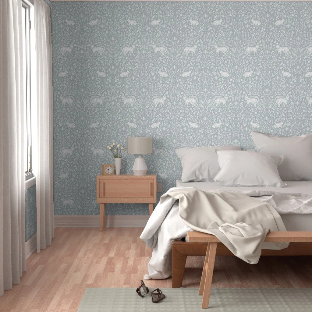 Woodland Animals Wallpaper for Baby and Kids  This adorable woodland themed wallpaper features hand-drawn animals & florals, including a fox, rabbit, & a bee, among other details.