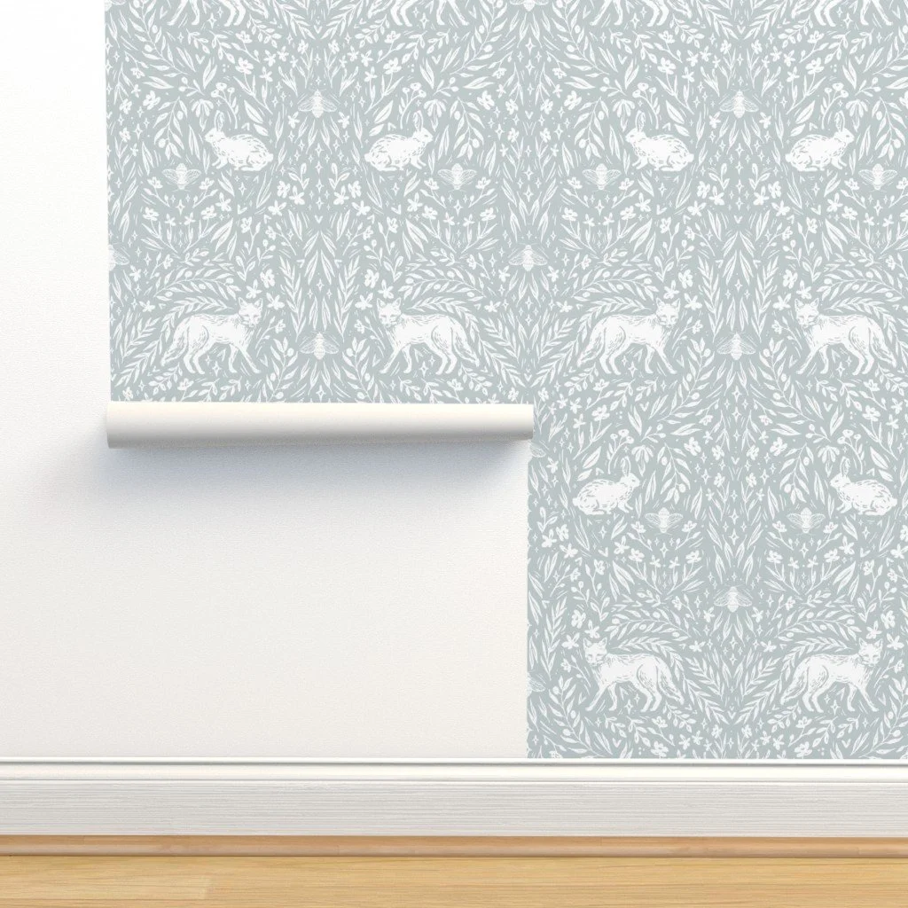 Woodland Wallpaper with Cute Animals - This adorable woodland themed wallpaper features hand-drawn animals & florals, including a fox, rabbit, & a bee, among other details.