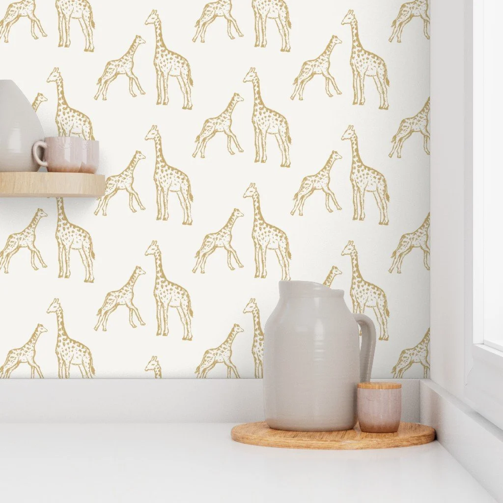 Removable Peel & Stick Wallpaper - Transform your nursery into a serene safari with our adorable giraffe wallpaper. These cute safari animals are great for nurseries & baby playrooms.