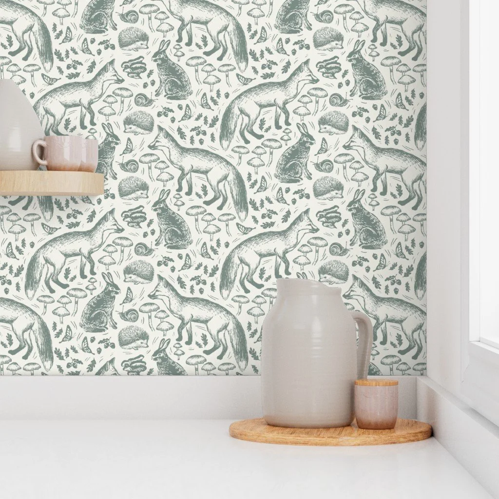 Forest Animals Wallpaper. This adorable forest-themed nursery wallpaper features bunnies, foxes, & mushrooms