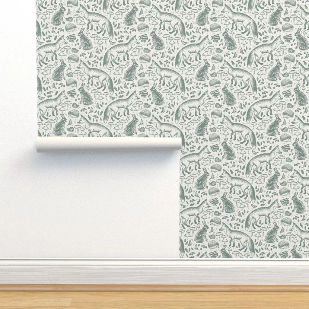 nursery wallpaper features bunnies, foxes, & mushrooms - cute forest animals wallpaper design