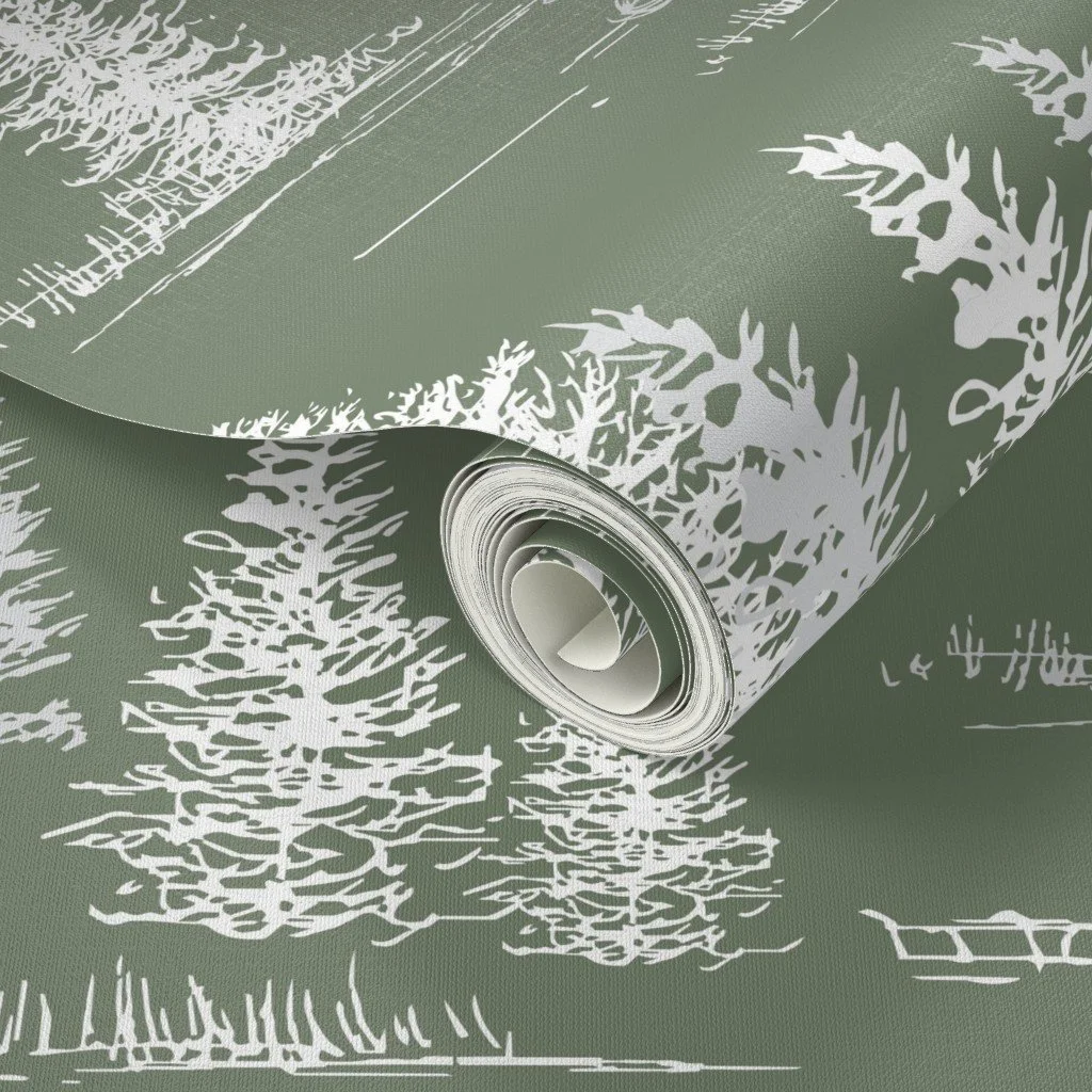 green wallpaper with trees for nature themed bedrooms, nurseries, baby & kids rooms, & playrooms