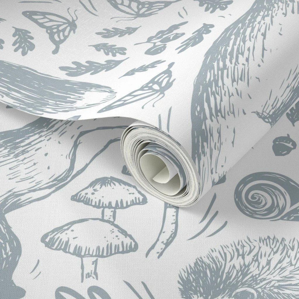 Removable peel & stick wallpaper featuring bunny rabbits, foxes, mushrooms, hedgehog & butterflies. This boho style woodland nursery wallpaper has a variety of hand-drawn forest animals