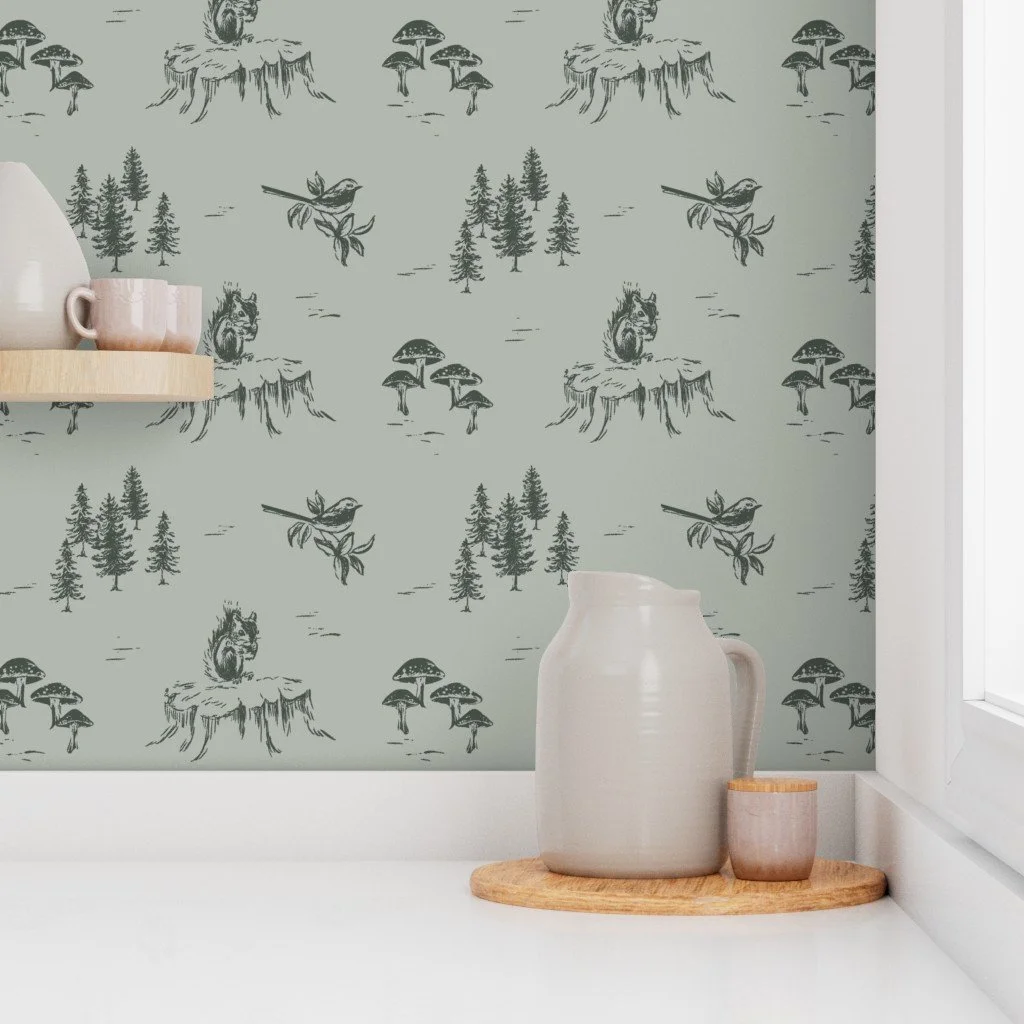 woodland animal wallpaper with hand-drawn trees, birds, & squirrels for babies, modern parents, & stylish nursery designs.
