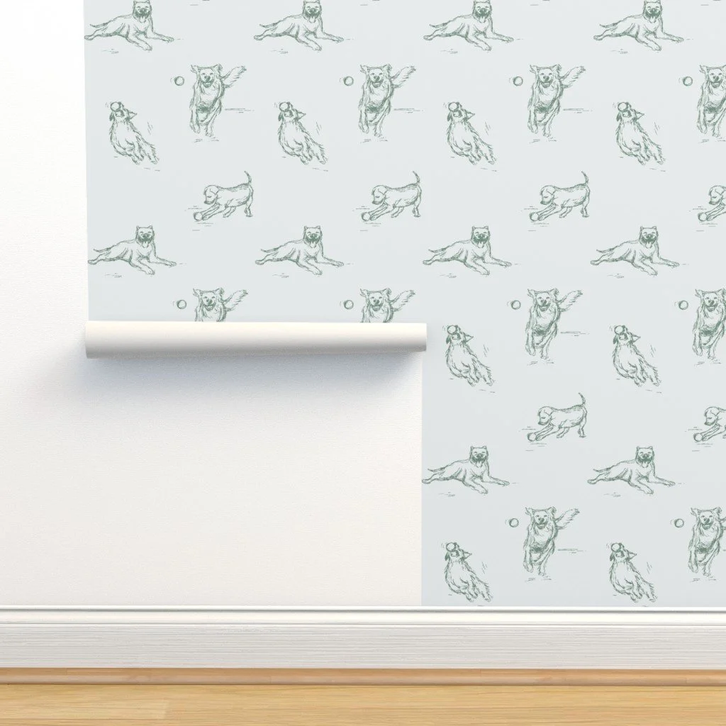 dogs wallpaper design for animal lovers in blue & green. Cute nursery wallpaper with hand-drawn puppies